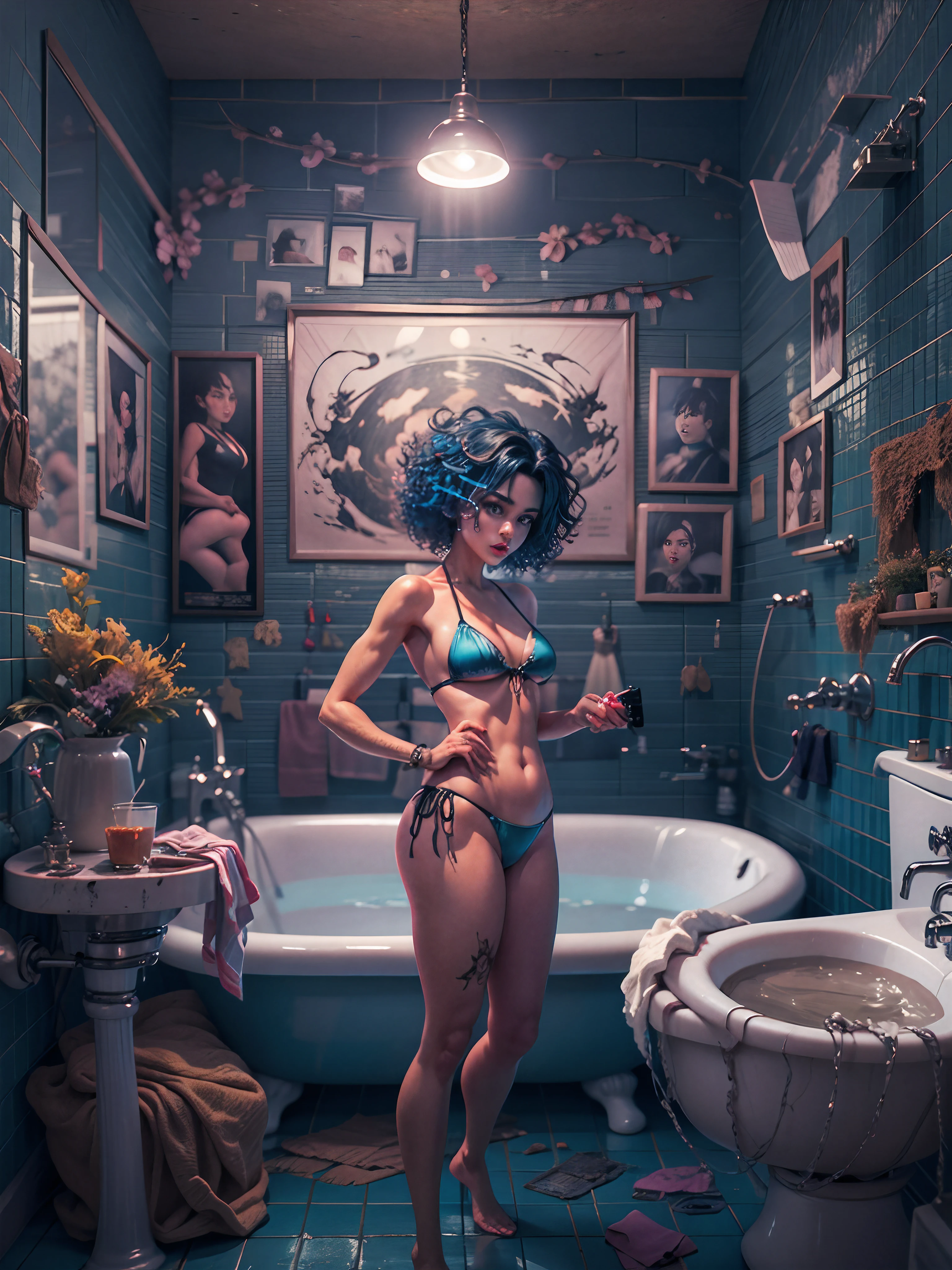 DSLR, F/2.8, Lens Flare, 5D, 16k, Super-Resolution . realistic style, key visual, vibrant, studio realistic, highly detailed A different mood whimsical full body view best quality, eerie masterpiece, monochromatic palette dominated by eerie shades of deep blue horror themed bathroom curly bikini girl sharp look, wide eyes, very dark lips, flora, toys, ,stylish bikini to e bathroom in a vintage bathroom, perfect anatomy, highly detailed, graphic 3d model, render, comic art, graphic novel art, vibrant, detailed character
