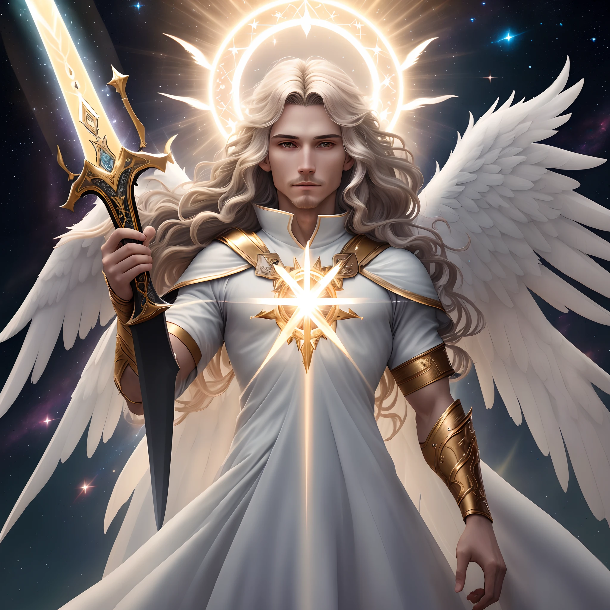 Angel made of light, various colors, sword in hand, 8k quality, cinematic focus, celestial backgroundangels human appearance, angelic, selestial, full body, beautiful, spiritual being, benevolent, with an aura on the head, sorindo, with radiant energy, archangel miguel style, galactic confederation, high quality, ultra-realistic, professional photography, human, master piece, clothing covering the whole body, perfect body, nothing duplicated, a single sword in his right hand
