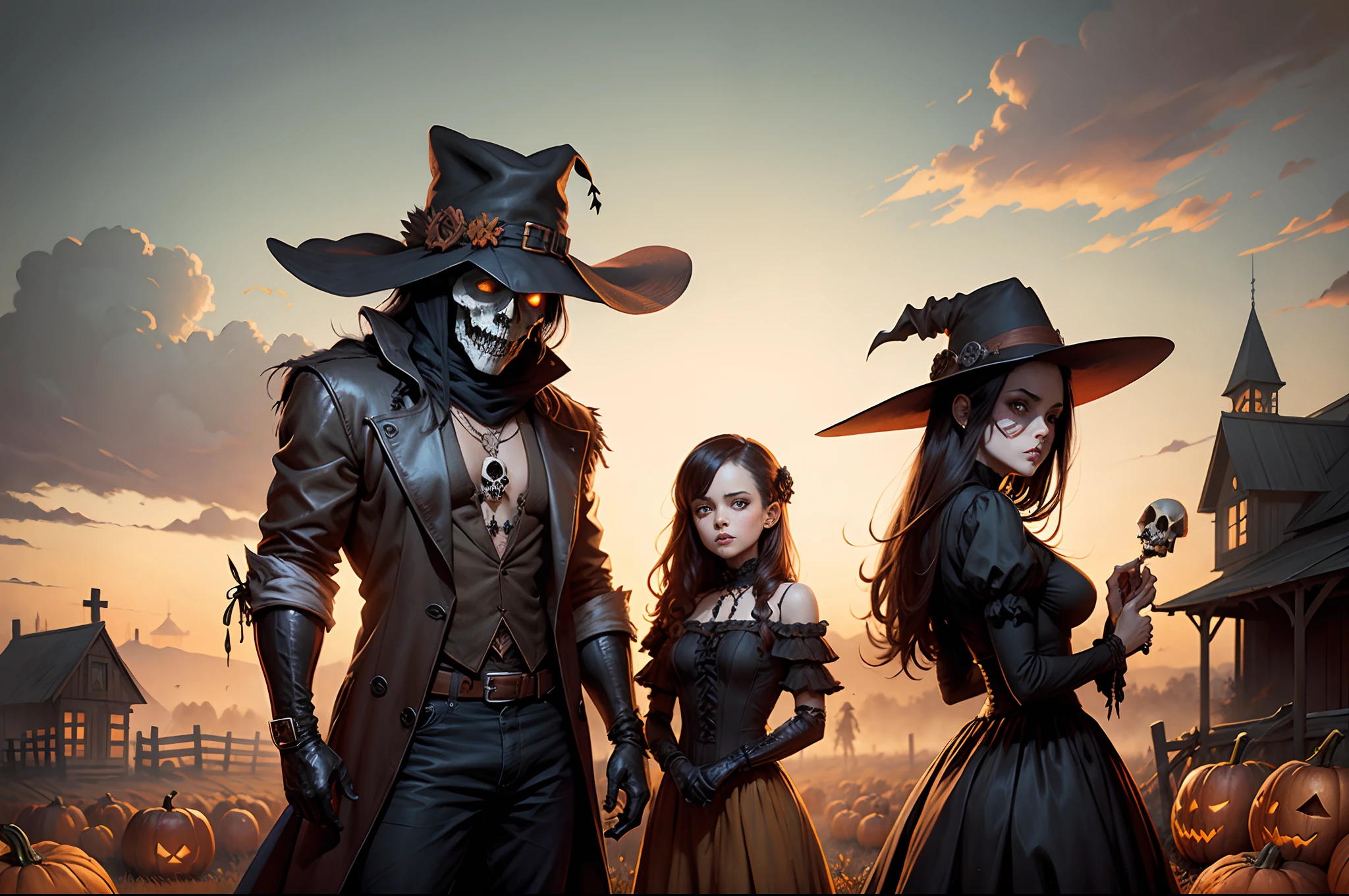 Scarecrow, gothic, autumn, skulls, pumpkin patch, frank frazetta style, halloween, award-winning illustration, ultra-realistic, higher quality