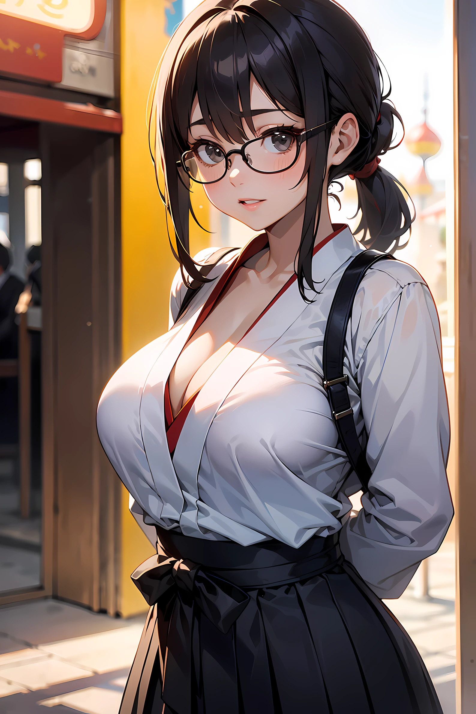 high resolution, Photo of a beautiful woman detailed_face, young handsome girl,realistic:0.5, perfect skin, (wearing a glasses:1.5), (ultra-detailed background, detailed background), bokeh, make happy expressions, happy emotion, gorgeous,pure, beautyfull detailed face and eyes,breasts, (black eyes:1.1), (a extremely pretty and beautiful Japanese woman), (sexy girl), (professional attire:1.3), (22 years old: 1.1), BREAK, (miko outfit:1.2), (white dogi:1.2), (red hakama:1.2), (leather boots))), cleavage, beautiful detailed skin, (cute:1.2), (blonde hair), ((jpop idol)), (upper thigh:0.6), (depth of field),soft light, Lens Glow looking at viewer, (Drooping eyes:1.2), straight teeth,smile, floating hair, (blond hair:1.2), brown eyes BREAK movie scene, cinematic, full colors, 4k, 8k, 16k, RAW photo, masterpiece, professionally color graded, professional photography, high school girl, hair up, , soft clean focus, realistic lighting and shading, (an extremely delicate and beautiful art)1.3, elegant,active angle,dynamism pose BREAK (ponytail:1.3), (shiny-black thin hair:1.2), bangs, dark brown eyes, beautiful eyes, princess eyes, (big eyes:1.3), bangs, wearing a glasses:1.3, Hair between eyes, short hair:1.3, (slender:1.1), (medium-breasts:0.95), (thin waist: 1.15), (detailed beautiful girl: 1.4), Parted lips, Red lips, full-make-up face, (shiny skin), ((Perfect Female Body)), (upper body image:1.3), Perfect Anatomy, Perfect Proportions, (most beautiful Korean actress face:1.3, extremely cute and beautiful Japanese actress face:1.3), ,(1glasses girl:1.3, solo), ,(blush:1.1), gray background, solo focus, (bust shot:1.2), cinematic light, (nostalgic night scene:1.4), (amusement park:1.4), (merry-go-round、the Ferris wheel、rollercoaster), (arms behind back :1.4), (looking at viewer:1.2