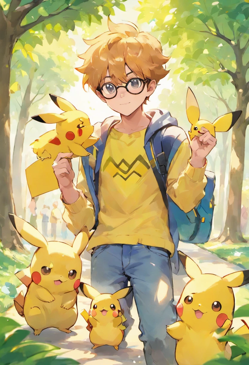 Homem moreno, 1 8 years wearing glasses playing with friend Pikachu and in the park