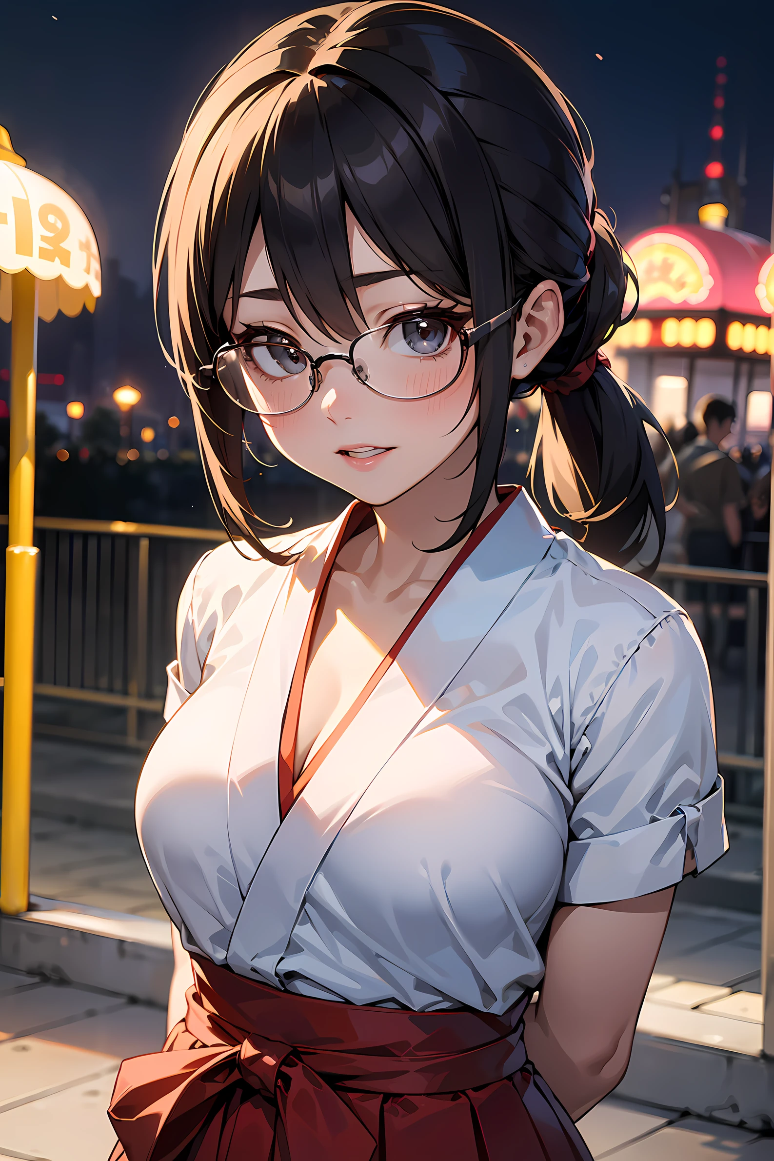 high resolution, Photo of a beautiful woman detailed_face, young handsome girl,realistic:0.5, perfect skin, (wearing a glasses:1.5), (ultra-detailed background, detailed background), bokeh, make happy expressions, happy emotion, gorgeous,pure, beautyfull detailed face and eyes,breasts, (black eyes:1.1), (a extremely pretty and beautiful Japanese woman), (sexy girl), (professional attire:1.3), (22 years old: 1.1), BREAK, (miko outfit:1.2), (white dogi:1.2), (red hakama:1.2), (leather boots))), cleavage, beautiful detailed skin, (cute:1.2), (blonde hair), ((jpop idol)), (upper thigh:0.6), (depth of field),soft light, Lens Glow looking at viewer, (Drooping eyes:1.2), straight teeth,smile, floating hair, (blond hair:1.2), brown eyes BREAK scene, cinematic, full colors, 4k, 8k, 16k, RAW photo, masterpiece, professionally color graded, professional photography, high school girl, hair up, , soft clean focus, realistic lighting and shading, (an extremely delicate and beautiful art)1.3, elegant,active angle,dynamism pose BREAK (ponytail:1.3), (shiny-black thin hair:1.2), bangs, dark brown eyes, beautiful eyes, princess eyes, (big eyes:1.3), bangs, wearing a glasses:1.3, Hair between eyes, short hair:1.3, (slender:1.1), (medium-breasts:0.95), (thin waist: 1.15), (detailed beautiful girl: 1.4), Parted lips, Red lips, full-make-up face, (shiny skin), ((Perfect Female Body)), (upper body image:1.3), Perfect Anatomy, Perfect Proportions, (most beautiful Korean actress face:1.3, extremely cute and beautiful Japanese actress face:1.3), ,(1glasses girl:1.3, solo), ,(blush:1.1), gray background, solo focus, (bust shot:1.2), cinematic light, (nostalgic night scene:1.4), (amusement park:1.4), (merry-go-round、the Ferris wheel、rollercoaster), (arms behind back :1.4), (looking at viewer:1.2