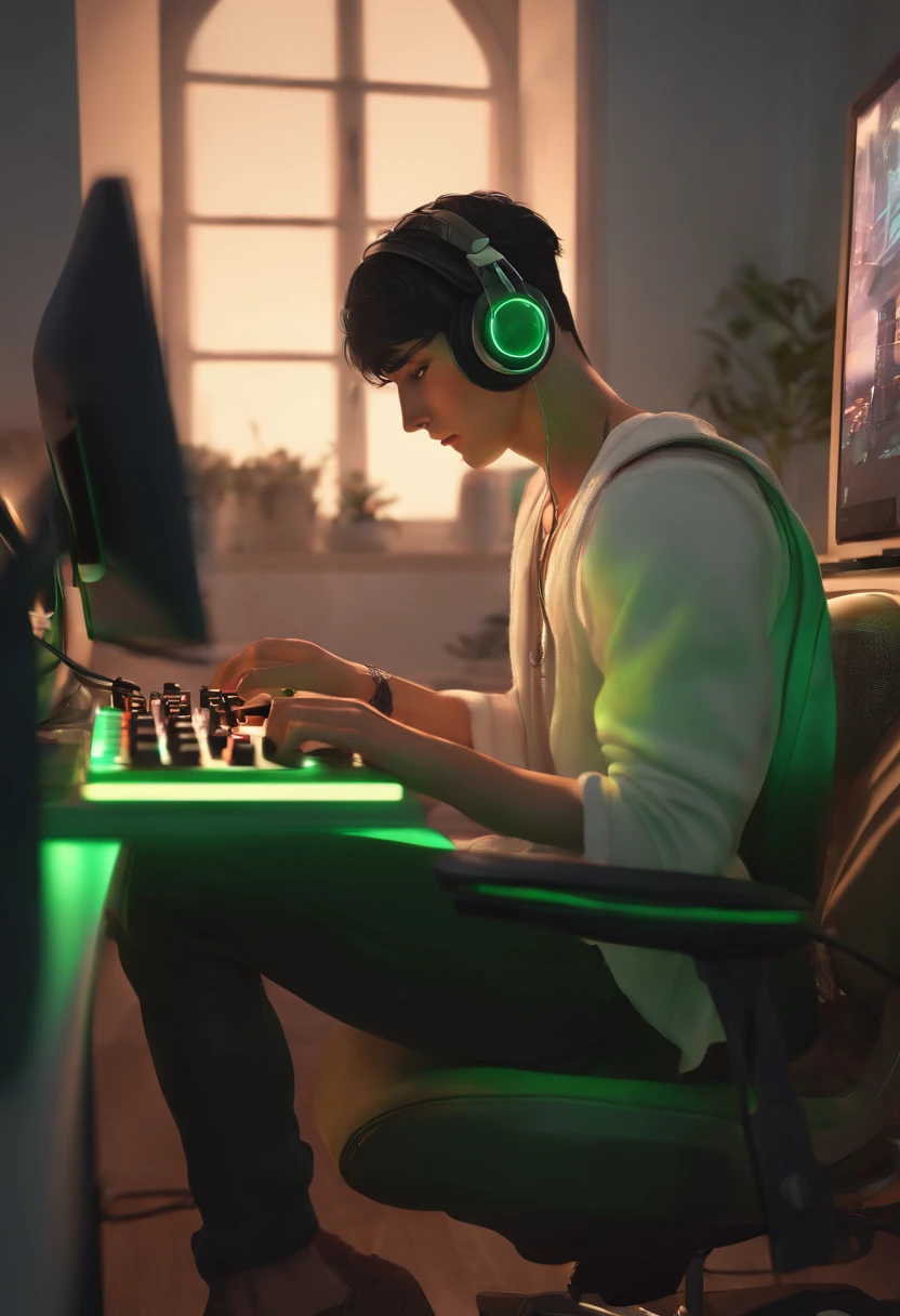 feminine male, tan skin, lightgreen eyes, thin, skirt, tank top, short black hair, headset, game controller, computer chair, bedroom