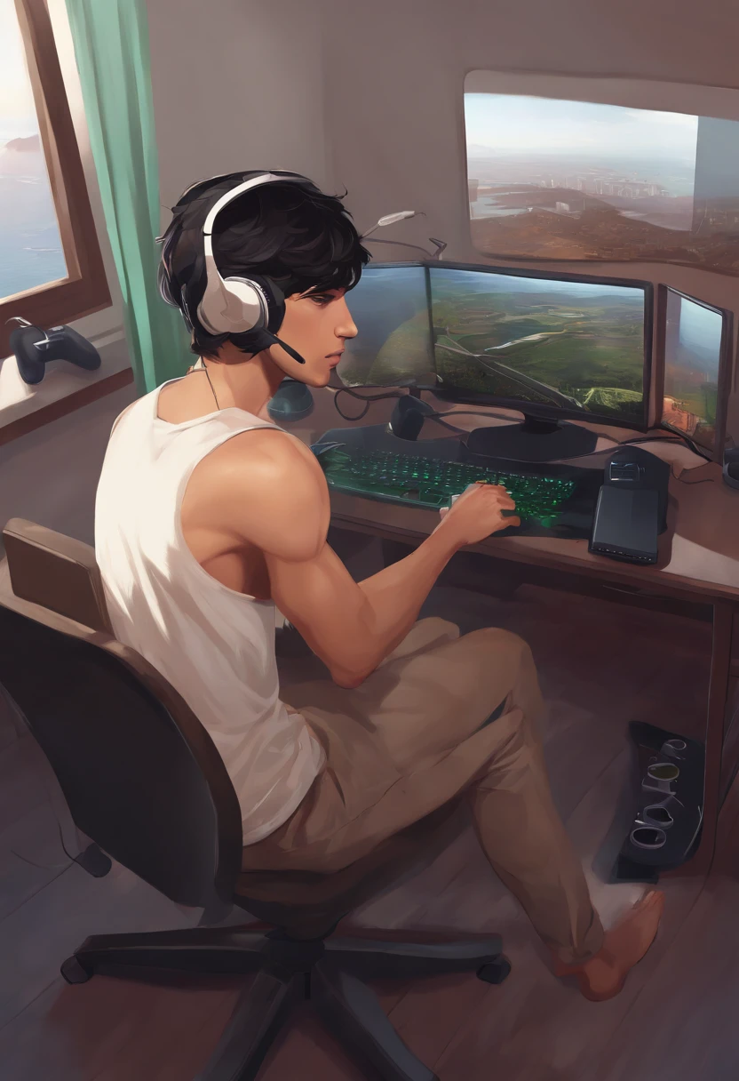 feminine male, tan skin, lightgreen eyes, thin, skirt, tank top, short black hair, headset, game controller, computer chair, bedroom