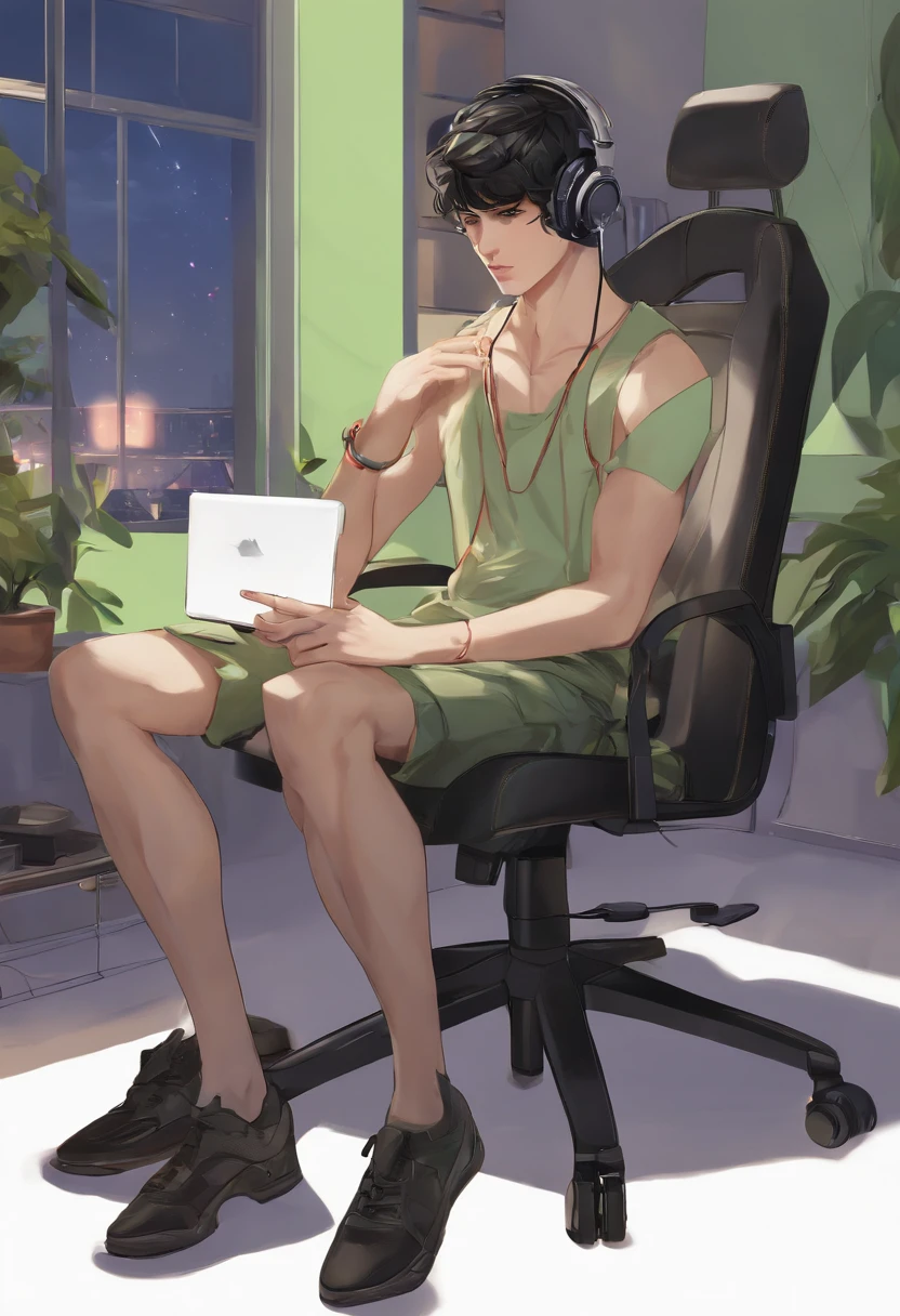feminine male, tan skin, lightgreen eyes, thin, skirt, tank top, short black hair, headset, game controller, computer chair, bedroom