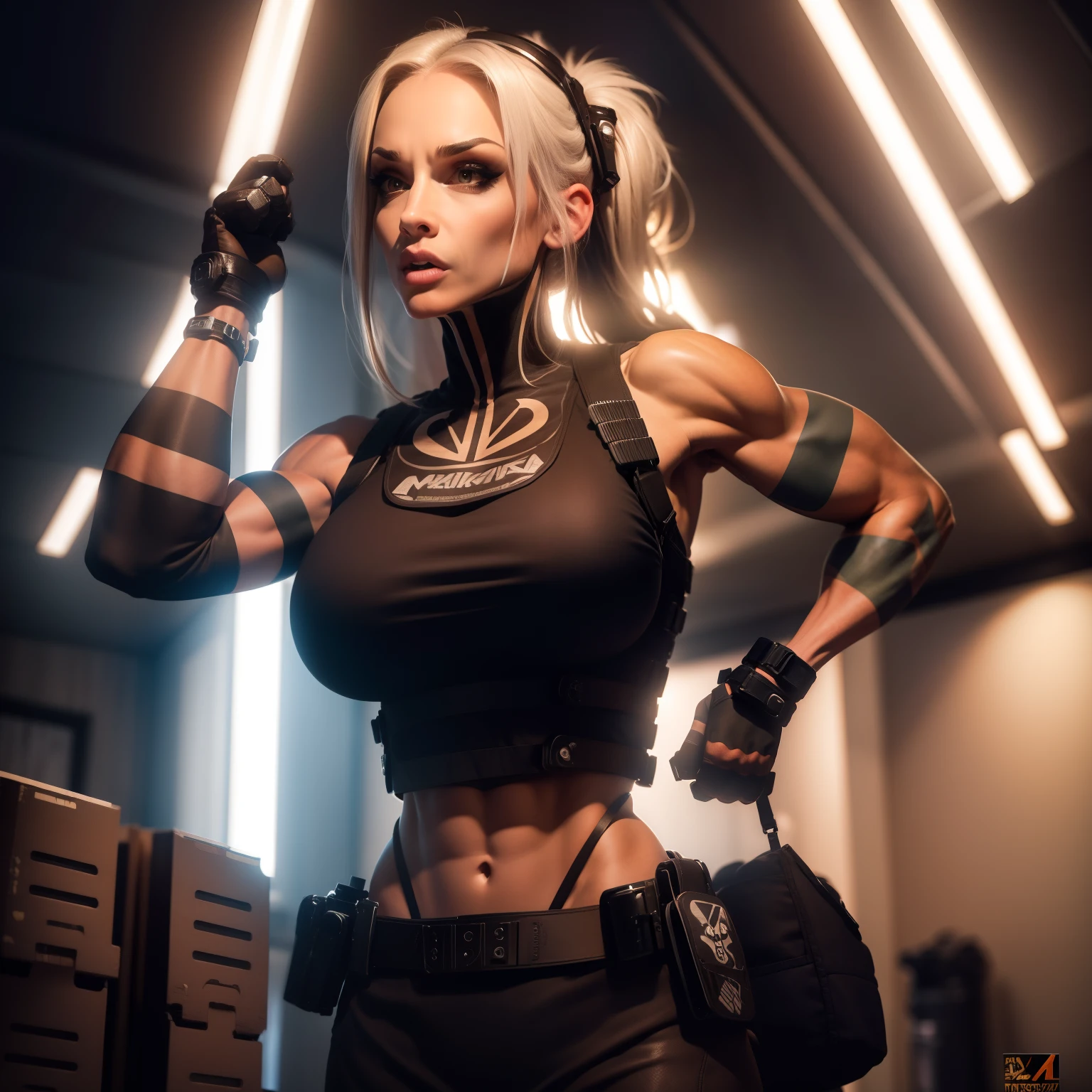 (High res, best quality, masterpiece) adult female katopunk, (solo female), 30 years old, harsh lighting 4k, dramatic lighting 4k, full body, athletic build, muscular, rugged look, serious expression, (detailed eyes), chin strap, bulletproof vest, ((white skull_chest)), ((gloves: black)), shirt: black, graphic T: skull, boots: brown,