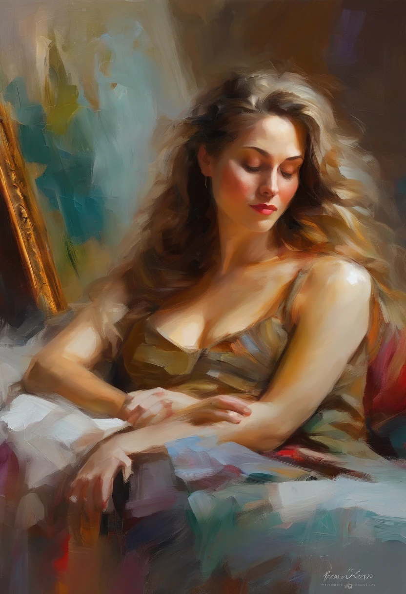A painting of a woman with her eyes closed, ((golden ratio}} laying on the sofa after a long night on the town, a sensual painting, a Beautiful expressive painting, Wadim Kashin. Ultra photo realism, Louise Ross, digital painting art, Perceptual digital painting, Stylish digital painting, Bonito painting, glossy digital painting, beautiful digital painting, digital art painting, Fine paintings, ((Rod acrylic paint)).
