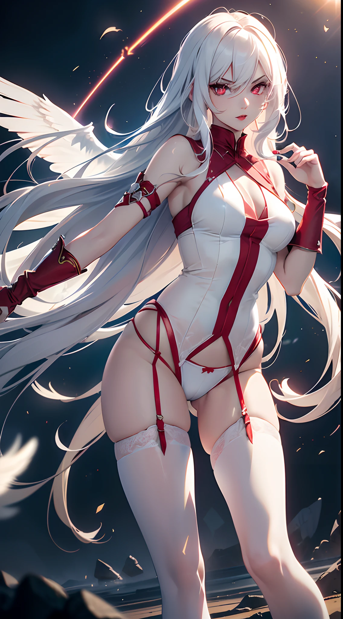 20 year old young woman( Long white hair ),(bright red eyes)<=(eyes HD lighting) (has red lips), beautiful eyebrows (badass expression) both hands have red bracelets on the arms (wears clothes made of transparent white cloth) (sexy white underwear model Garter Belt ) (has 6 large wings with a beautiful bright green color) (He wears gold bracelets on both feet) (sky setting at sunset) (there is an effect of bright red particles flying in the background, (flying) (pose during serious fighting) <=(lunging forward)giving an elegant and epic impression.dark atmosphere with bright particle light(many effects in background)
