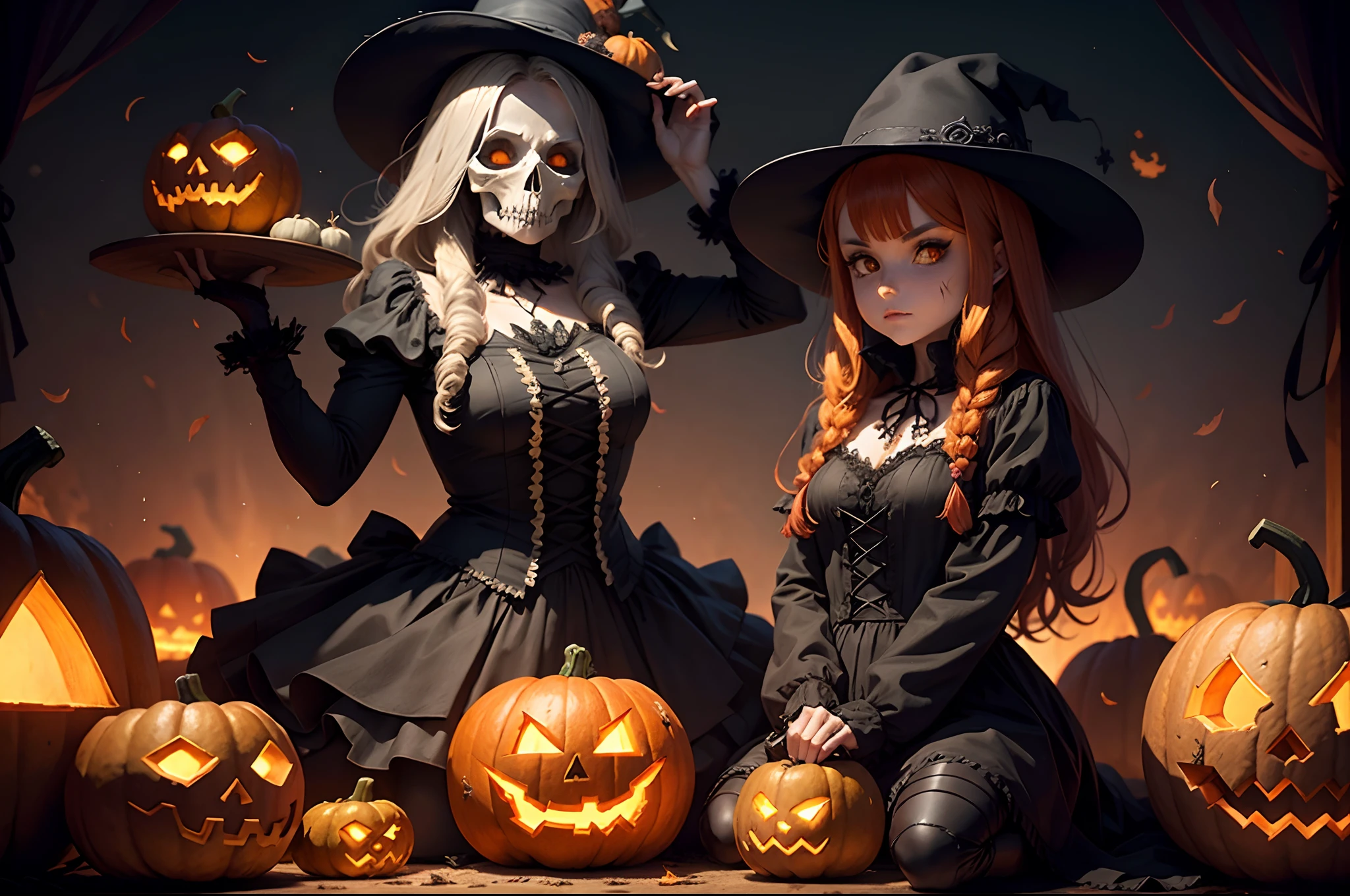 Evil scarecrow, gothic, fall season, skull, pumpkins,