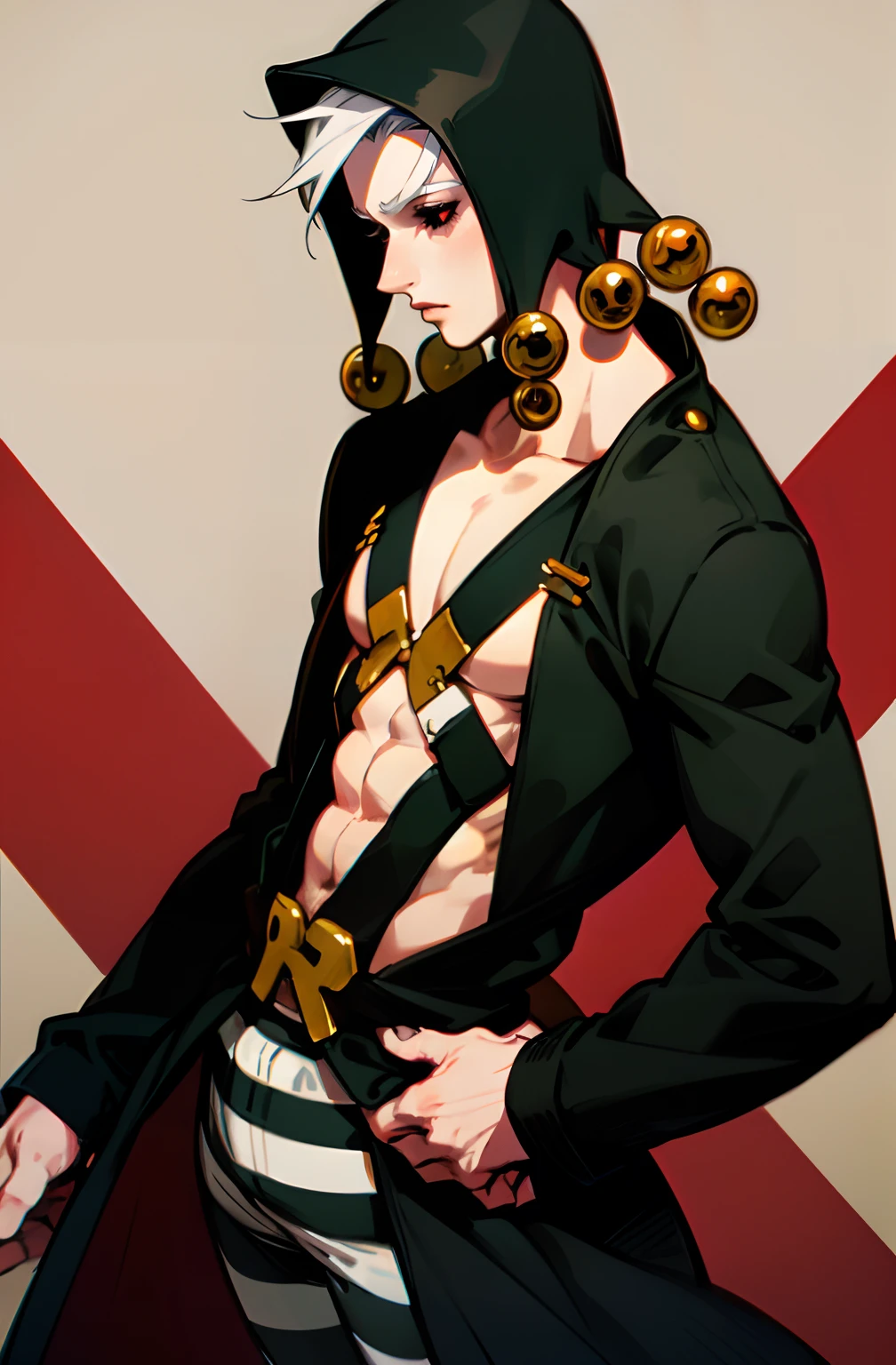 Risotto Nero, Black overcoat, striped pants, black hat, white hair, red eyes, black sclera, chest straps, 1boy, male focus, solo