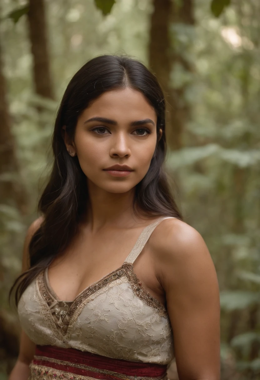 Chica suramericana sentada en una selva, Ropa indigena, escote muy grande, ABS definido, Magullado, hemorragia, triste, Grillete de metal alrededor del cuello, Foto RAW, DSLR, Soft lighting, alta calidad, Film grain, Fujifilm XT