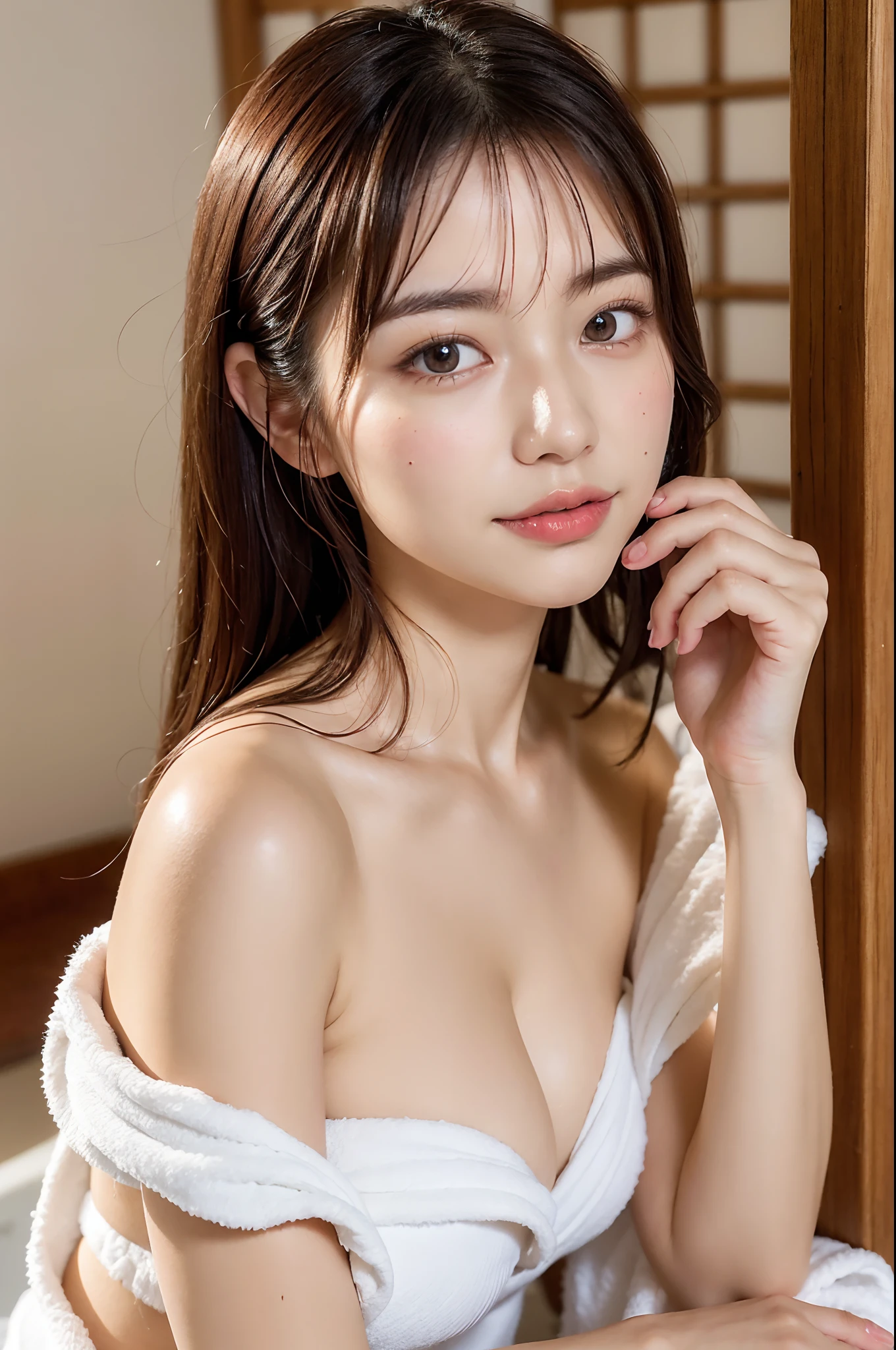 (natta:1.7), East Asian Architecture, 1womanl,Sitting on tatami mats, brunette color hair,(hair between eye), Lip flap, 、Beautiful shiny straight semi-long、Beautiful fingers,Beautiful long legs,Beauty Body,Cute nose,Beautiful character design,perfect eyes,face perfect,looking at viewert,(Innocent_Big_Eyes:1.0),(light_Smile:0.3),offcial art,Very detailed CG Unity 8K wallpaper,Perfect litthing,highly colorful,Bright_front_Face_Lighting,(tmasterpiece:1.0),(best_quality:1.0), 超A high resolution,4K,ultra - detailed, photography of, 8K, nffsw, hight resolution, absurderes:1.2, Kodak Portra 400, film grains, the background is blurred, Bokeh:1.2, Lens Flare Glow, ( Vibrant_Color:1.2) (Beautiful,Large_breasts:1.4), (Beautiful_Face:1.5),(narrow_waist-up),8K,Raw photo, 、Relax at a ryokan in Japan、The background is an everyday room of an ordinary inn Drawing the inside of the room (The subject is everyday life:1.3) Cluttered and scattered with daily necessities and clothing、(Depict the inside of the room more widely:1.2) (Girls are not subjects:1.3) The rooms in the inn are cluttered(Hair after a bath:1.3),((Naked with a bath towel wrapped around the side:1.3)) ,(Hair is wet:1.3)((Full body like:1.3))(She、Wrap a bath towel around your side and stand up.、While showing your thighs and buttocks、face to the viewer:1.3)((white tender skin:1.3)),((Transparent skin:1.3))((At night, there are only two small lights in the room.:1.3)