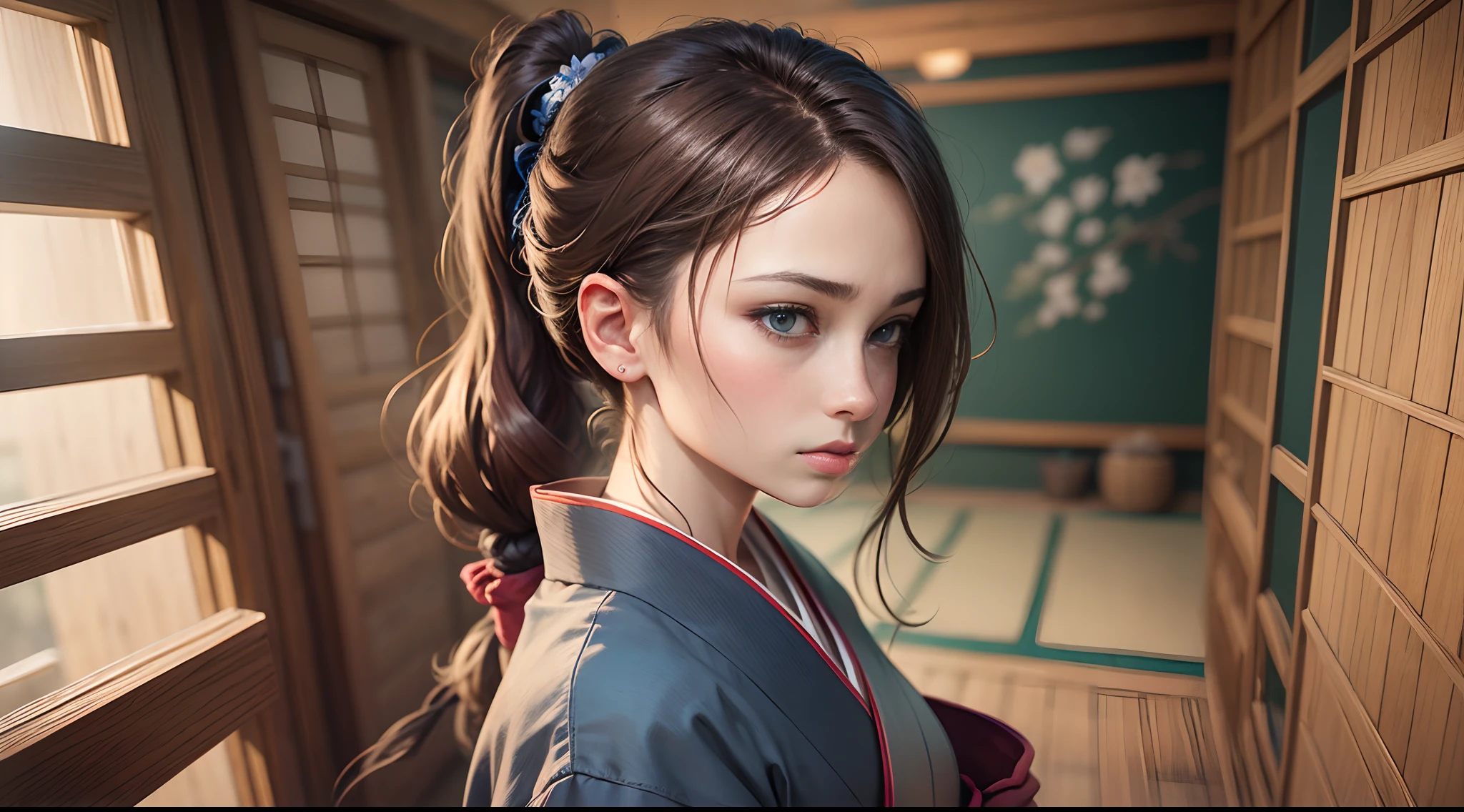 A stunning realistic anime-style portrait of a resilient young girl. Her chestnut brown hair is neatly tied up in a ponytail, and her blue eyes convey a sense of exhaustion and determination. She is dressed in a beautifully aged kimono, holding a worn wooden katana that symbolizes her strength and perseverance. The dojo backdrop, with its traditional wooden beams and tatami mat flooring, adds authenticity and cultural significance to the scene. The soft filtered light enhances the overall atmosphere, creating a captivating and visually appealing artwork, (cel-shaded:1.1), 32k resolution, best quality, (tetradic colors) --auto --s2