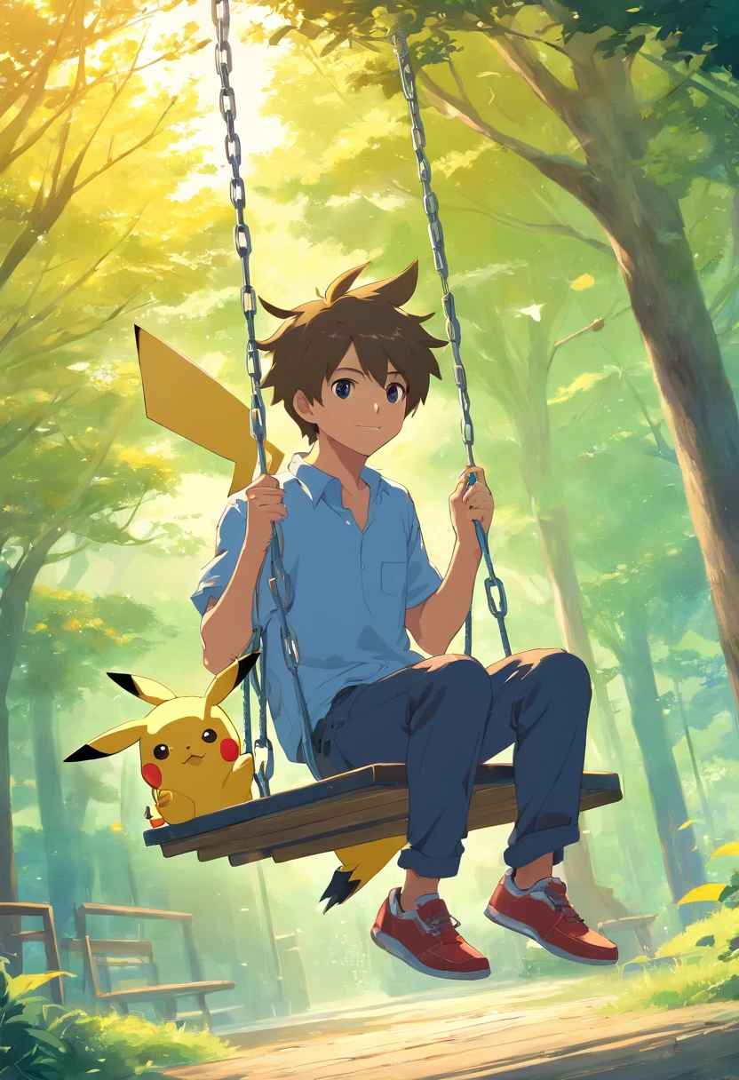 A young man with his Pikachu on a swing