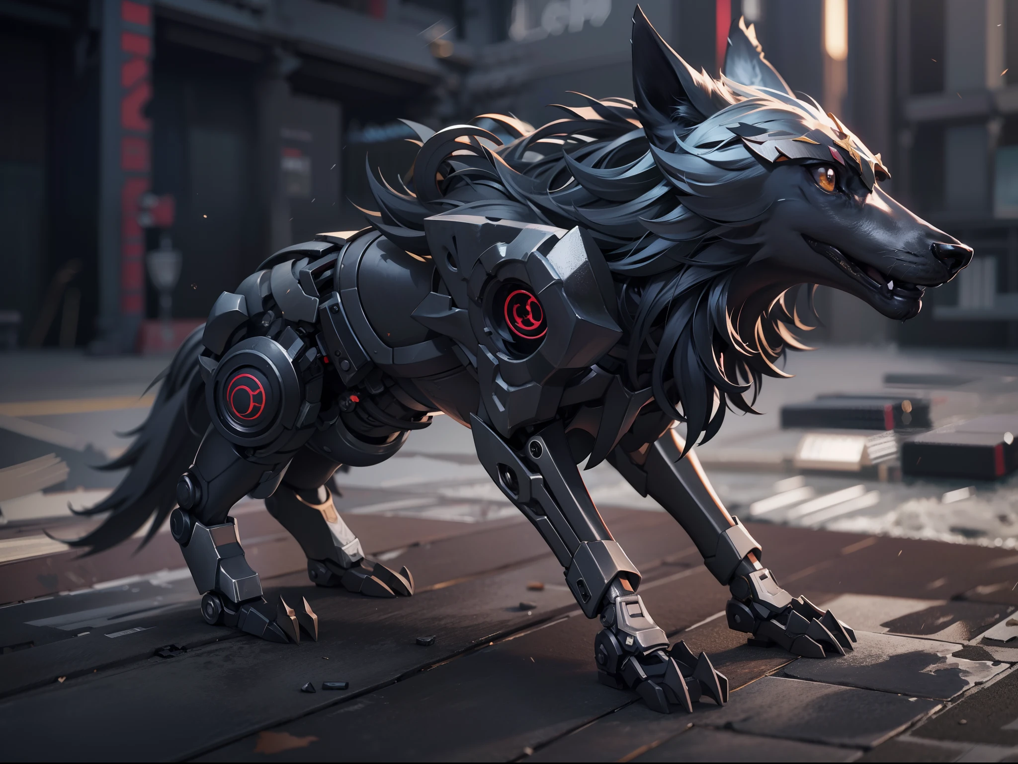 High quality 8K wallpaper,A wolf,lying on the ground,Pure black,Mech texture details,Sculptural texture,Advanced rendering,Background cleanup,Look up at the audience,Black textured metal mechanical wing。Based on the steel Garuru model,Advanced rendering