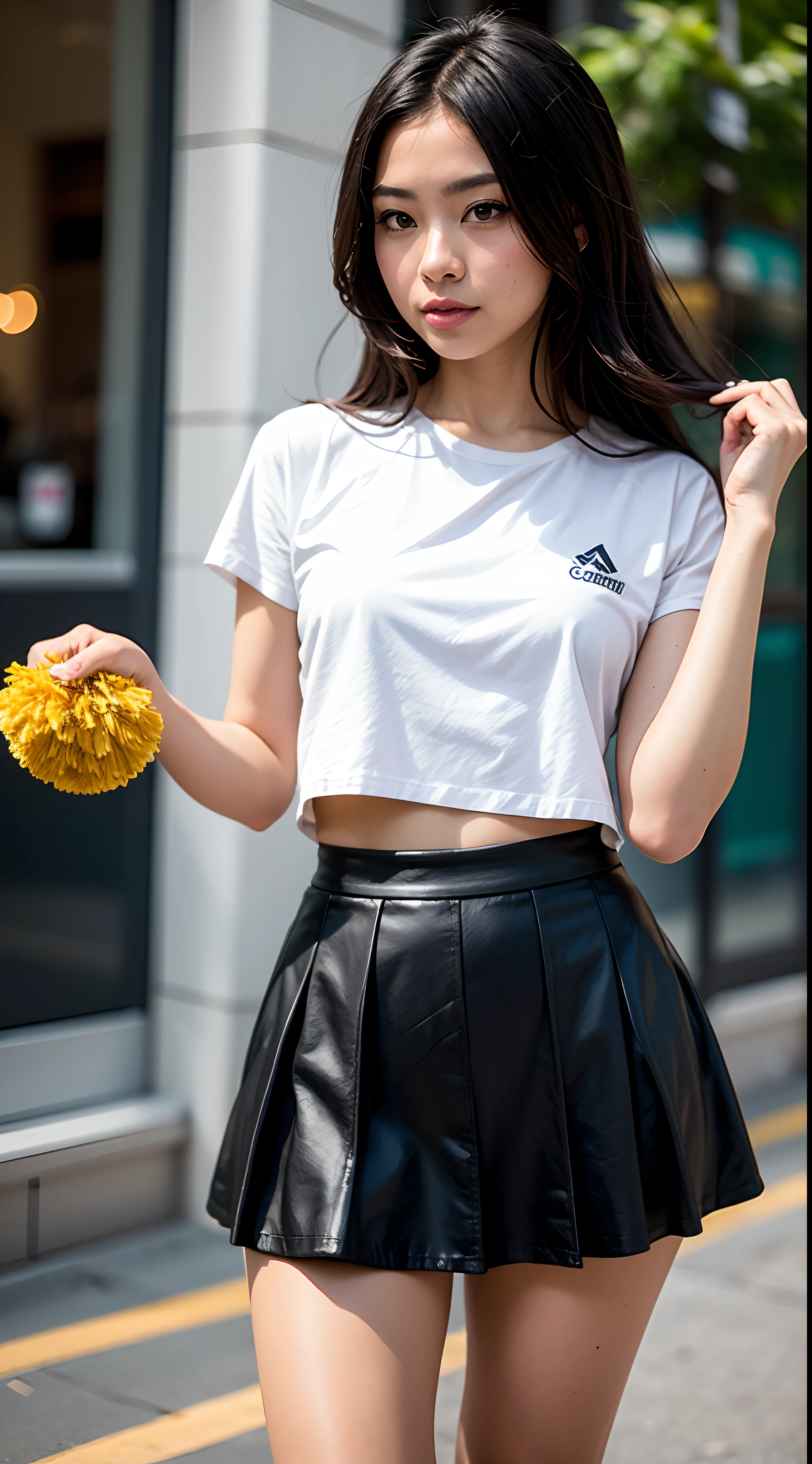 Arafed cheerleader in a white shirt and black skirt holding a yellow pom pom, Tiro na Nikon Z9, Filmado com Canon EOA 6 D Mark II, Capturado na Canon EOS R 6, japanese model, Torcendo, Tiro em Sony A 7 III, tzuyu de duas vezes, Tiro na Canon EOS R5, Tiro na Canon EOS R 5, Jaeyeon Nam