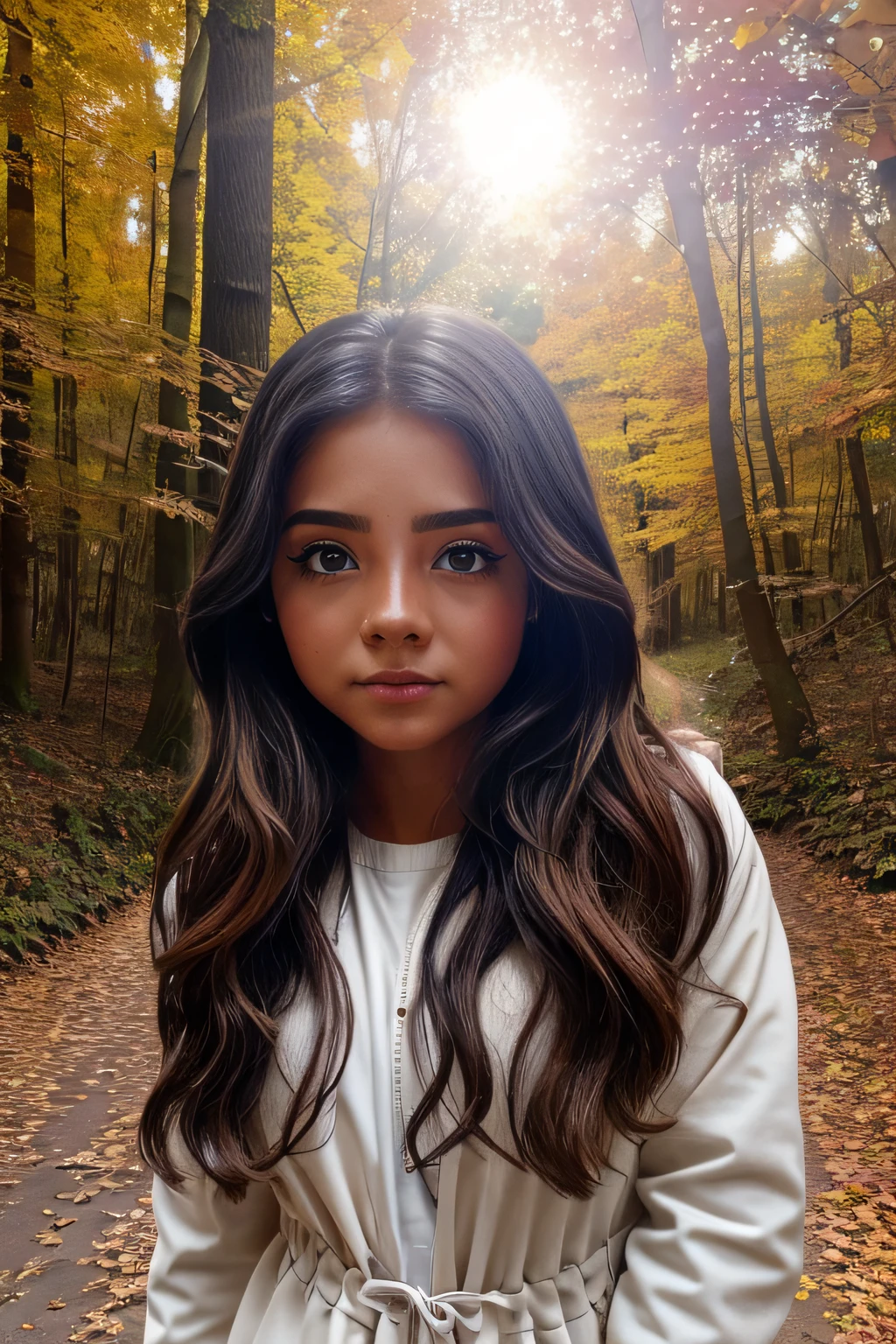  latina girl walking through autumn woods, long wavy hair, photorealistic, symmetrical face, symmetrical eyes, looks into the camera, soft pastel colours, intricate, path tracing, illustration, insanely detailed, direct sunlight on face, path traced hair