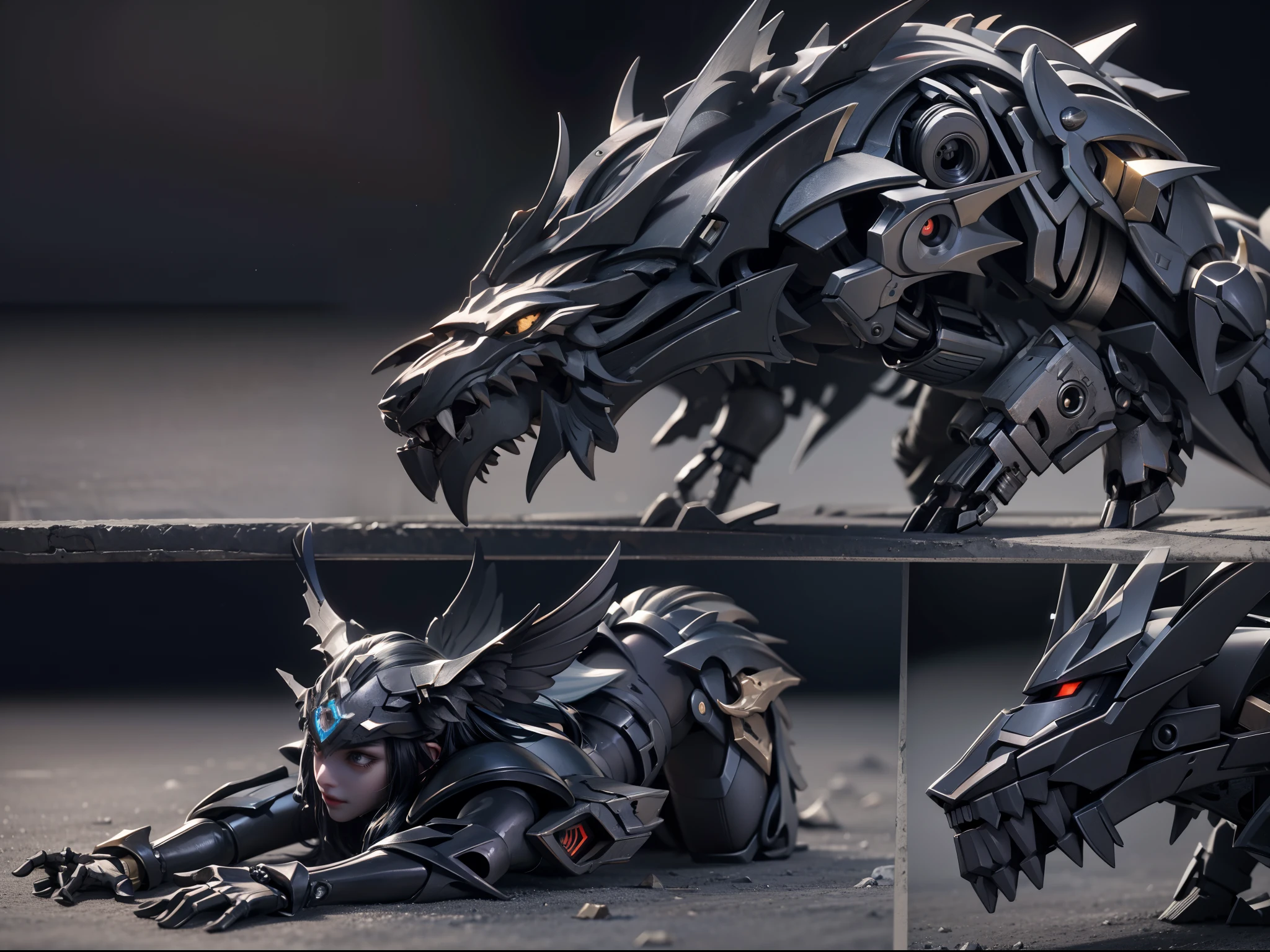 High quality 8K wallpaper,A wolf,lying on the ground,Pure black,Mech texture details,Sculptural texture,Advanced rendering,Background cleanup,Look up at the audience,Black textured metal mechanical wing。Based on the steel Garuru model,Advanced rendering