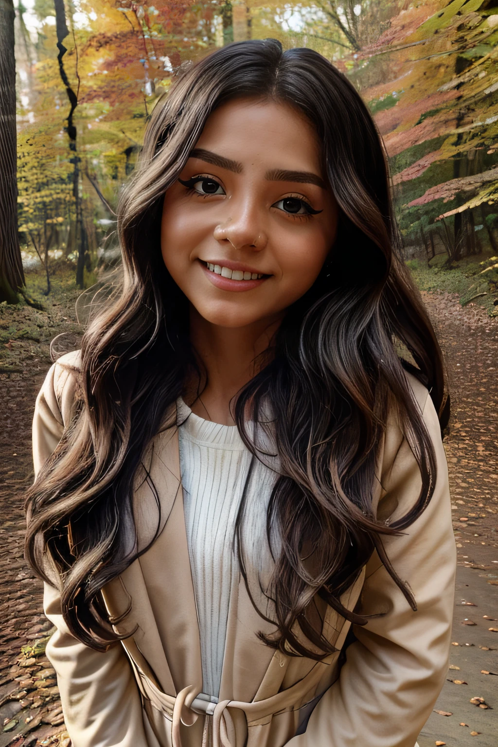 Little latina girl walking through autumn woods, rogowoarboretum,  long wavy hair, photorealistic, symmetrical face, symmetrical eyes, looks into the camera, light smile, dove eyes, falling leaves, soft pastel colours, intricate, path tracing, illustration, insanely detailed, direct sunlight on face, path traced hair