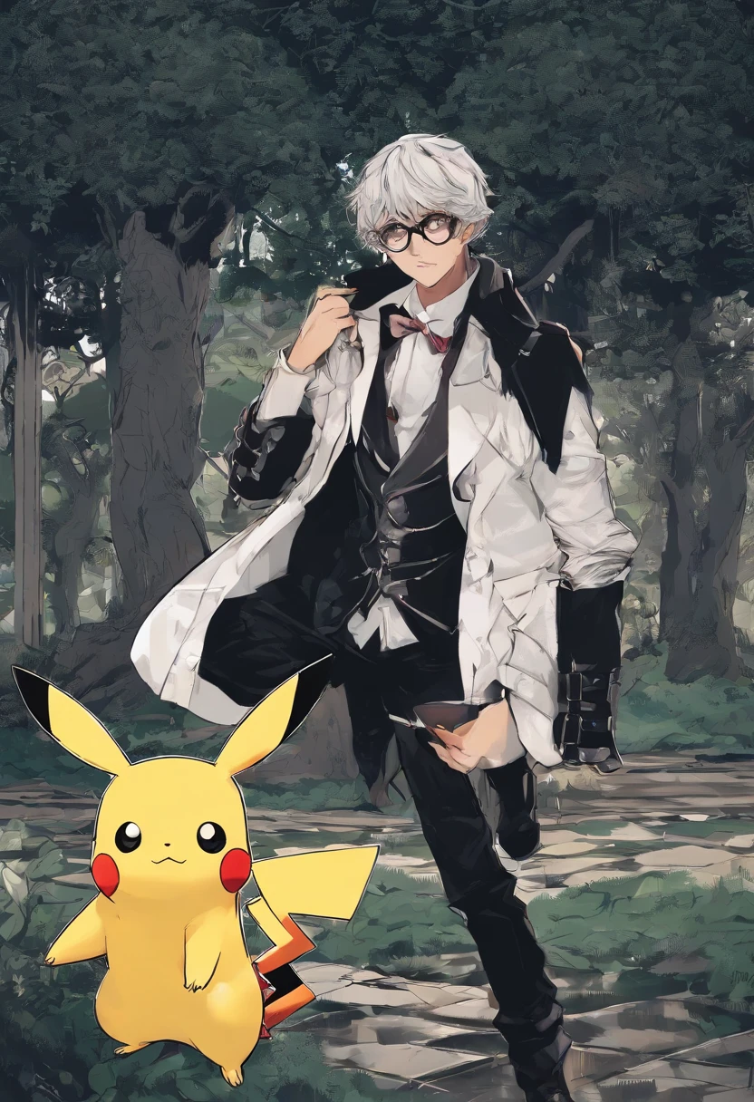 Homem moreno, 1 8 years wearing glasses playing with friend Pikachu and in the park