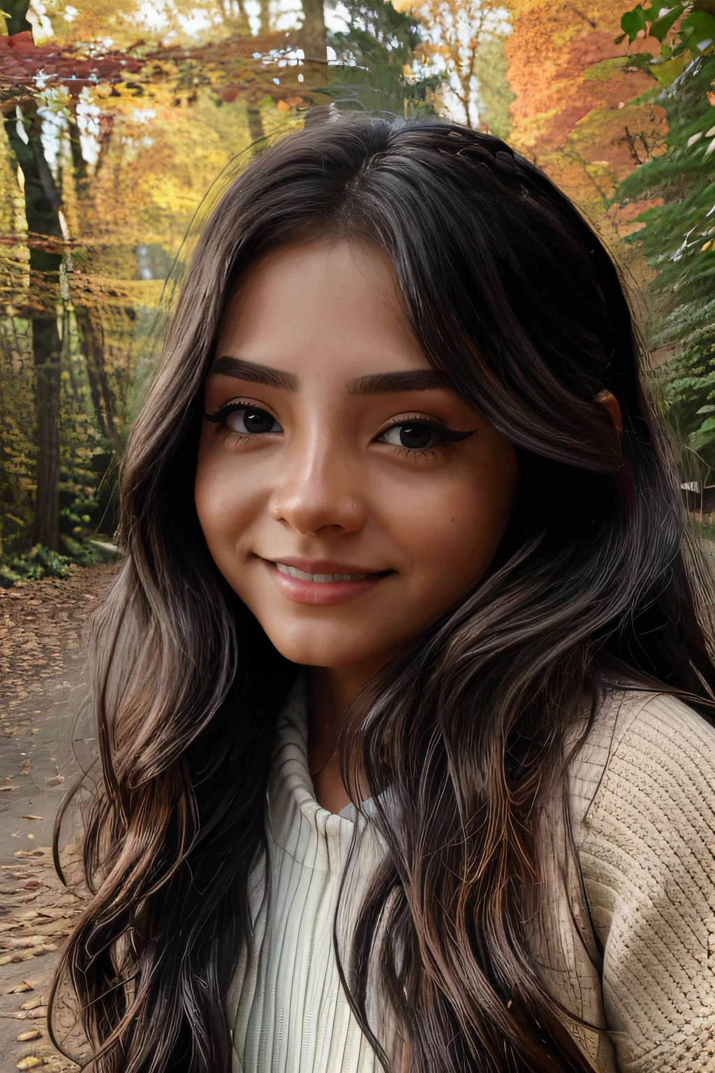 Little latina girl walking through autumn woods, rogowoarboretum,  long wavy hair, photorealistic, symmetrical face, symmetrical eyes, looks into the camera, light smile, dove eyes, falling leaves, soft pastel colours, intricate, path tracing, illustration, insanely detailed, direct sunlight on face, path traced hair