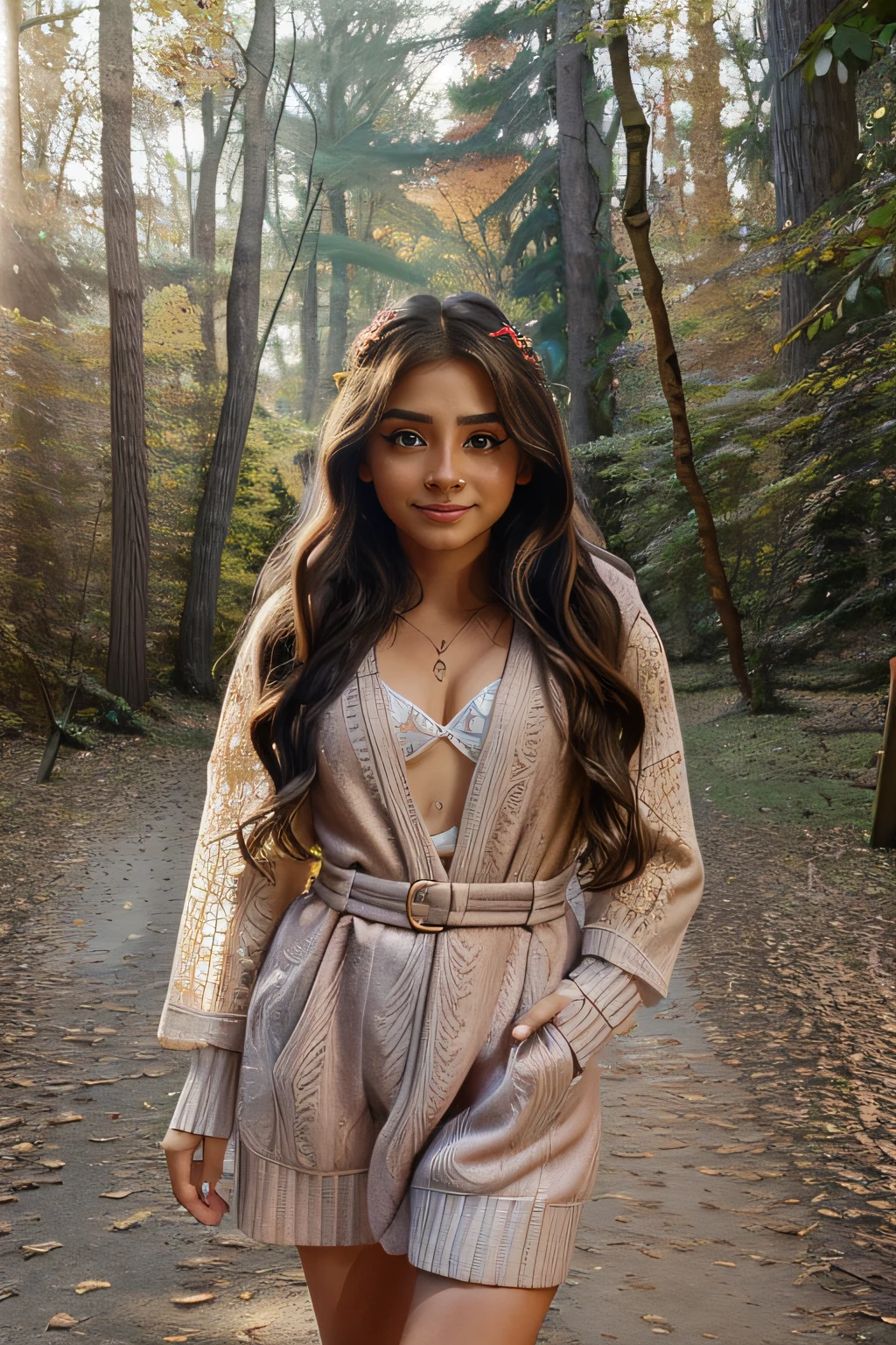 latina girl walking through autumn woods, rogowoarboretum, long wavy hair, photorealistic, symmetrical face, symmetrical eyes, looks into the camera, light smile, dove eyes, falling leaves, soft pastel colours, intricate, path tracing, illustration, insanely detailed, direct sunlight on face, path traced hair