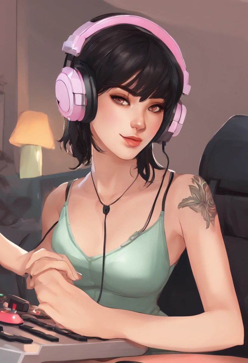 feminine, femboy, tan skin, lightgreen eyes, thin, skirt, spaghetti strap top, short black hair, headset, game controller, computer chair, bedroom, short, girly