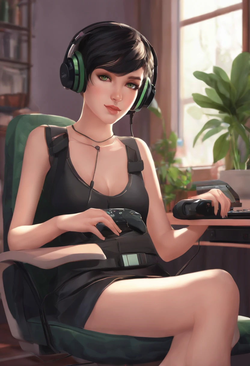 feminine, femboy, tan skin, lightgreen eyes, thin, skirt, spaghetti strap top, short black hair, headset, game controller, computer chair, bedroom, short, girly