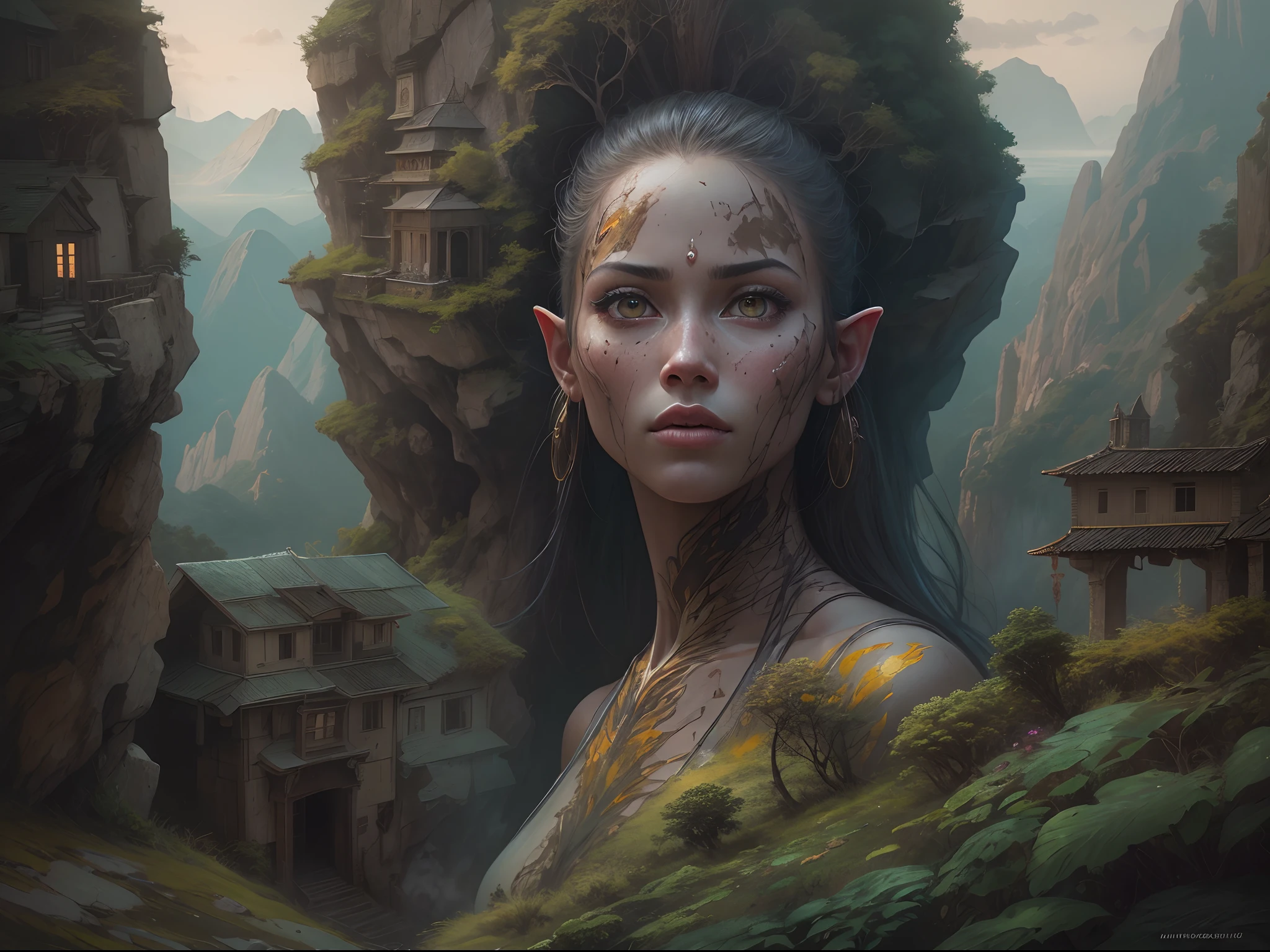 "A bird's-eye view of a mountain ridge with a line of massive, 50-meter-tall grotesque statues resembling skeletons, each covered in moss and vines. These towering statues are lined up along the mountain peaks, following the natural curve of the terrain. The statues have eerie, hollow eyes and decayed features, creating a haunting and unsettling atmosphere. The scene is set on a misty mountain top, with lush, green foliage covering the mountainside. The perspective emphasizes the enormous height of the statues and their endless line stretching along the ridge, blending seamlessly into the rugged landscape and evoking a sense of awe and fear. The image should be highly detailed, with realistic textures and lighting, capturing the depth and intricacies of the statues and the surrounding natural environment in 4K quality."
