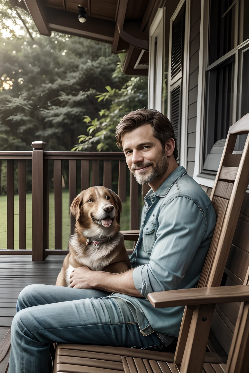 (realistic,ultra HD,8K,photo),man sitting on front porch,dog sitting beside man,home,peaceful atmosphere,outdoor setting,warm sunlight,green trees and plants,cozy wooden porch furniture,gentle breeze,happy and content expressions,loyal dog,bond between man and dog,welcoming and inviting,serene landscape background。
