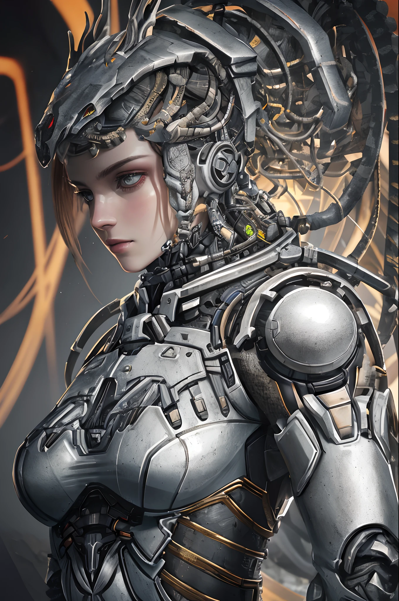 1mechanical girl,((ultra realistic details)), portrait, global illumination, shadows, octane render, 8k, ultra sharp,metal,intricate, ornaments detailed, cold colors, egypician detail, highly intricate details, realistic light, trending on cgsociety, glowing eyes, facing camera, neon details, machanical limbs,blood vessels connected to tubes,mechanical vertebra attaching to back,mechanical cervial attaching to neck,sitting,wires and cables connecting to head