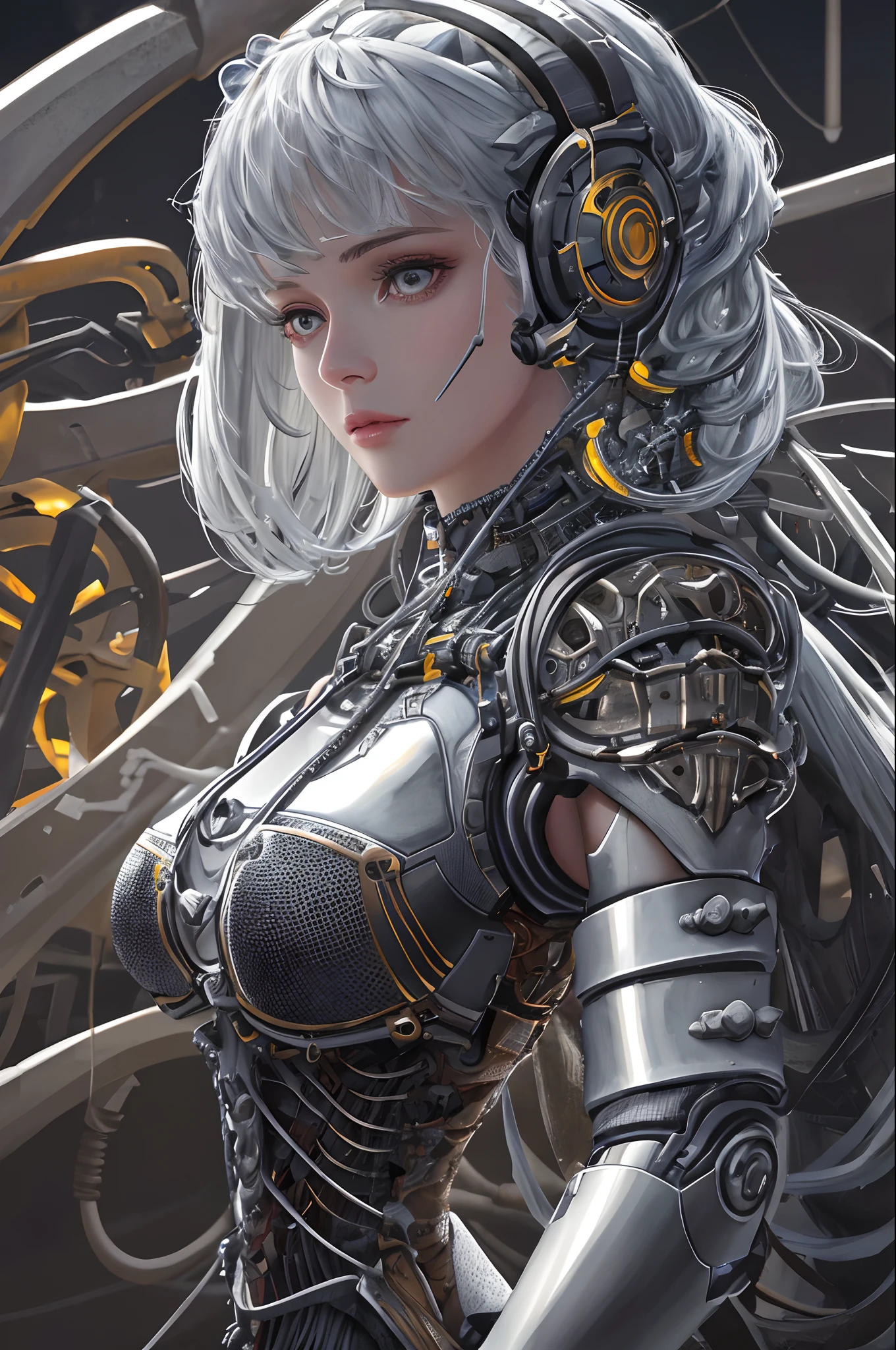 1mechanical girl,((ultra realistic details)), portrait, global illumination, shadows, octane render, 8k, ultra sharp,metal,intricate, ornaments detailed, cold colors, egypician detail, highly intricate details, realistic light, trending on cgsociety, glowing eyes, facing camera, neon details, machanical limbs,blood vessels connected to tubes,mechanical vertebra attaching to back,mechanical cervial attaching to neck,sitting,wires and cables connecting to head