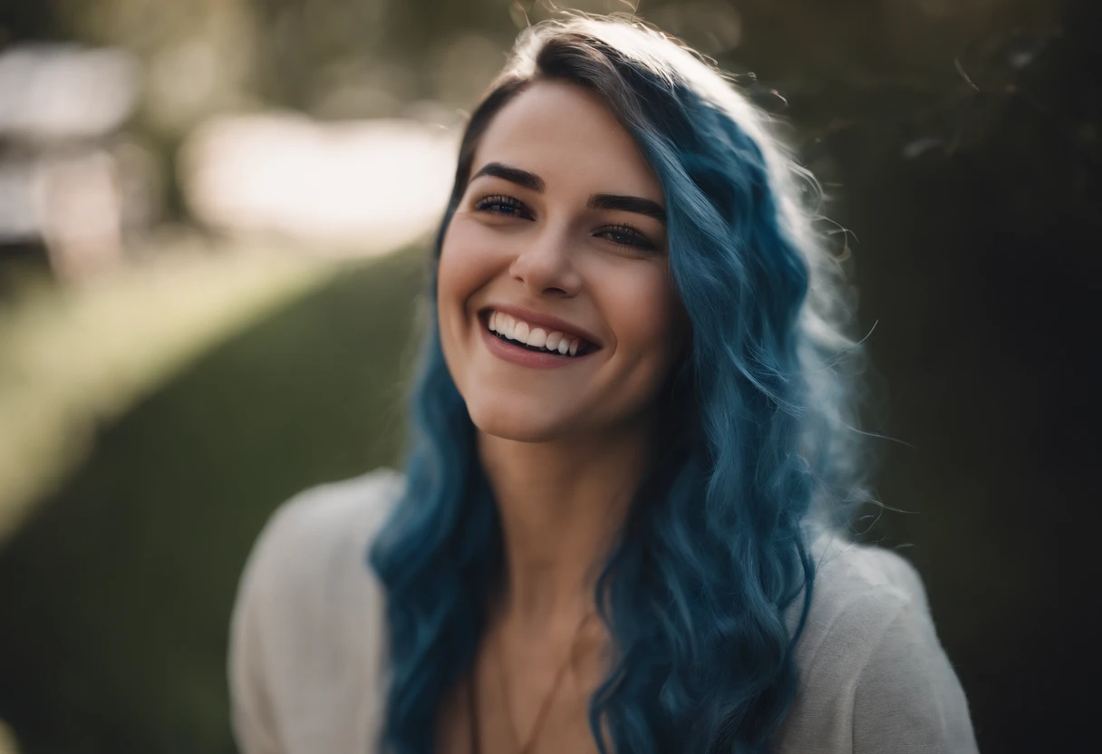 smiling girl, blue hair, full naked body