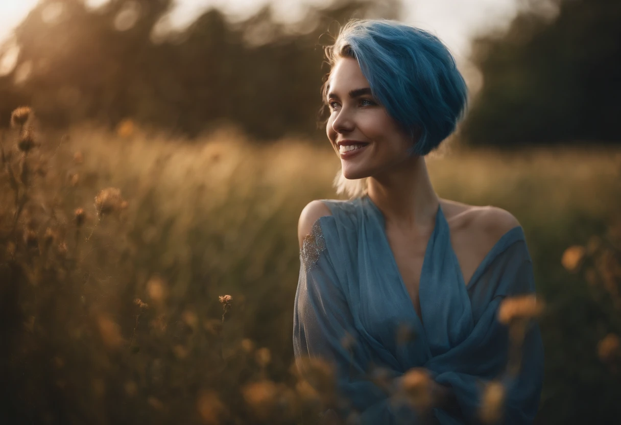 smiling girl, blue hair, full naked body