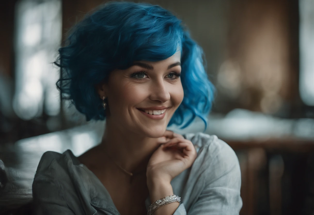 smiling girl, blue hair, full naked body