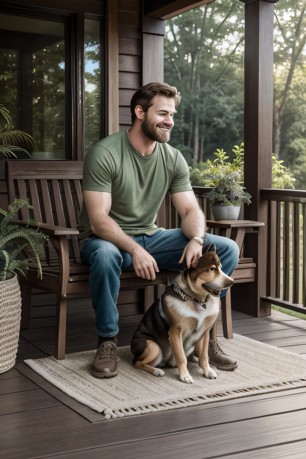 (realistic,ultra HD,8K,photo),man sitting on front porch,dog sitting beside man,home,peaceful atmosphere,outdoor setting,warm sunlight,green trees and plants,cozy wooden porch furniture,gentle breeze,happy and content expressions,loyal dog,bond between man and dog,welcoming and inviting,serene landscape background。