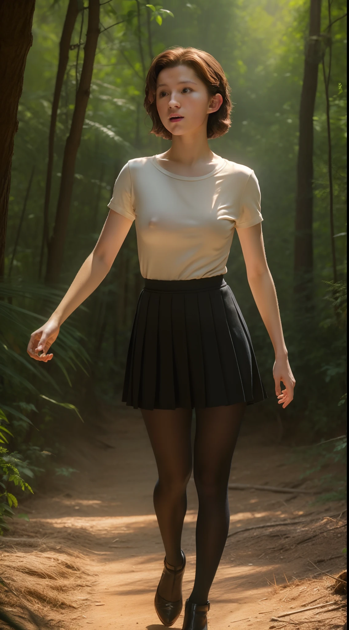 ((1Tom Holland)), t-shirt, sweatshirt, pleated skirt, black tights to the waist, high heels, close-up thighs to face, female body, full body photo, swollen nipples, very light skin, hair short, wavy hair, camp, forest, photorealistic, indirect lighting, volumetric light, ray tracing, hyperdetailed