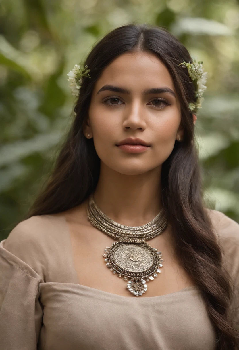 Princesa indigena suramericana en una selva, morena, nariz un poco grande, poca ropa , escote muy grande, ABS definido, Indigenous accessories on your neck, Foto RAW, DSLR, Soft lighting, alta calidad, Film grain, Fujifilm XT, realista, cinematico