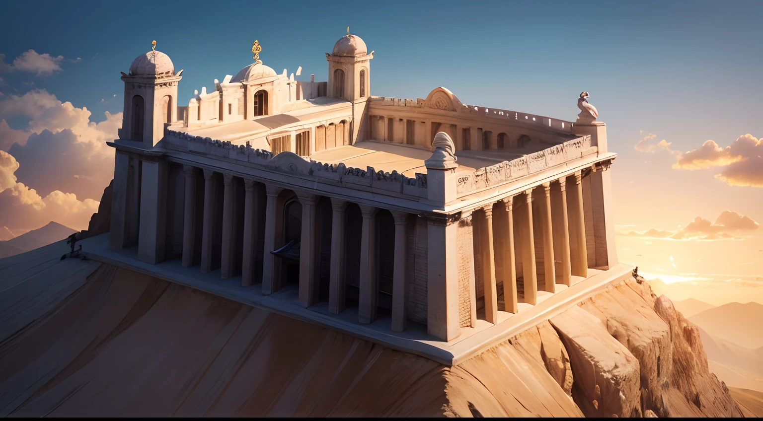 Gere uma imagem de um majestoso templo grego empoleirado no topo de uma colina, banhado pela luz quente do sol poente.