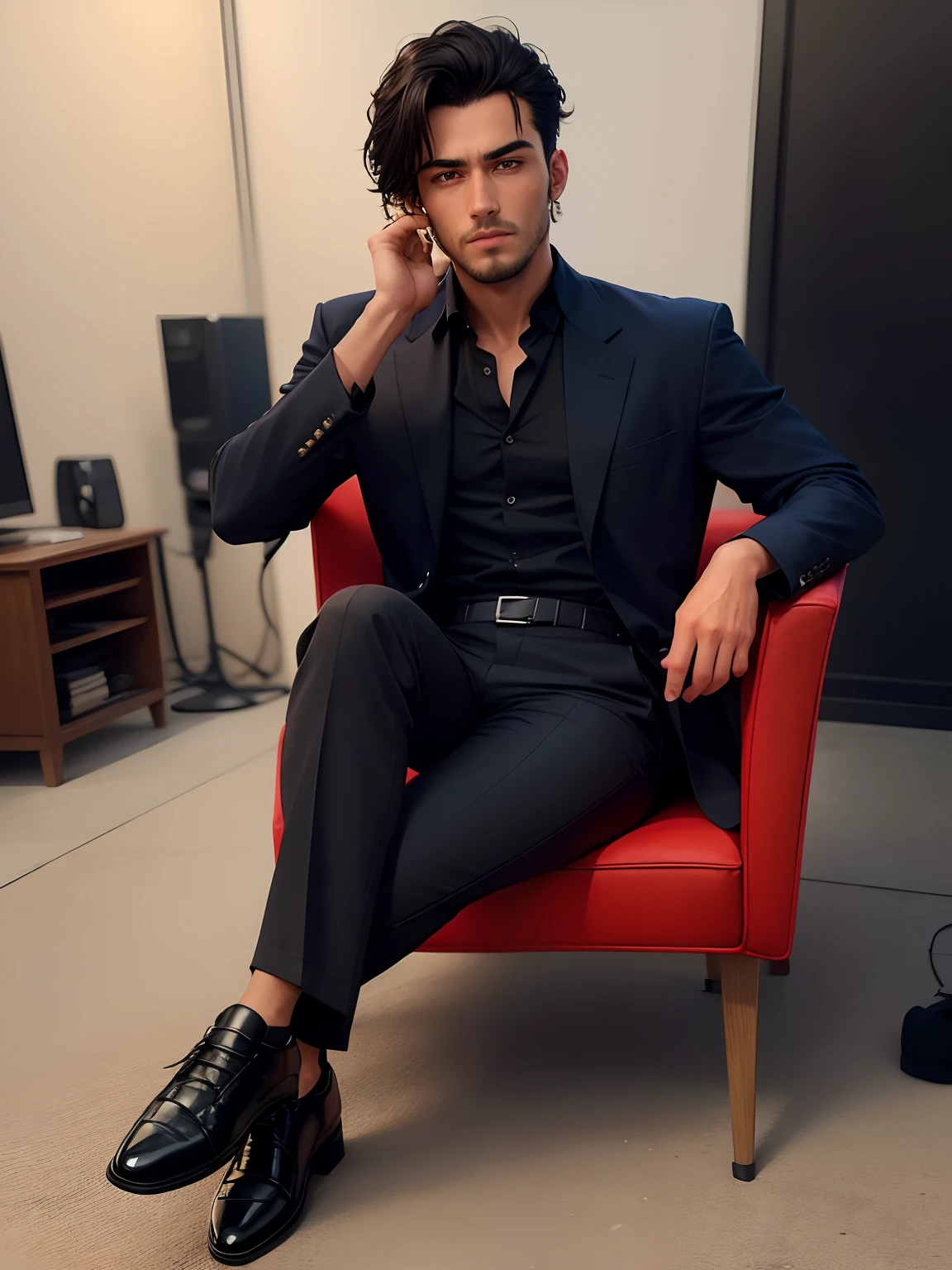 Change the chair into black sofa,change the pant shirt into black colour 3 piece pant and coat,change the shoes into black colour dress shoes,change the background into a mafia room,do not change the face make it as it is , open the first button of the shirt, hang my picture in a frame on the back wall, realistic face, handsome face,8k ultra,