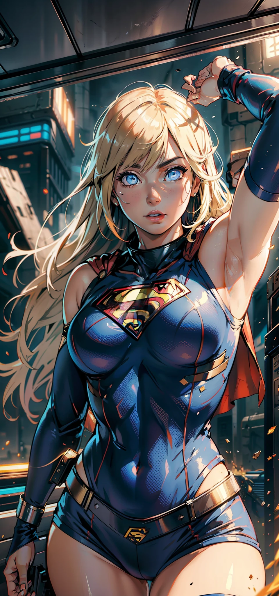 hyuga hyuga, as Supergirl, heroine, Extremely sexy body, big assa, Long hair, thick leg, flight, ((Best Supergirl Quality)), ((tmasterpiece)), (A detailed: 1.4), ..。.3D, Image of a beautiful blonde woman,There are cyberpunk blue eyes,hdr (HighDynamicRange),Ray tracing,NVIDIA RTX,Hyper-Resolution,Unreal 5,and the underground is scattered, PBR Texture, Post-processing, Anisotropic filtering, depth of fields, Maximum clarity and sharpness, Many-Layer Textures, Albedo e mapas Speculares, Surface Coloring, Accurate simulation of light-material interaction, perfectly proportions, octan render, Two-tone lighting,largeaperture,ISO low,White balance,the rule of thirds,8K gross, Wear Superman's S logo on his chest.