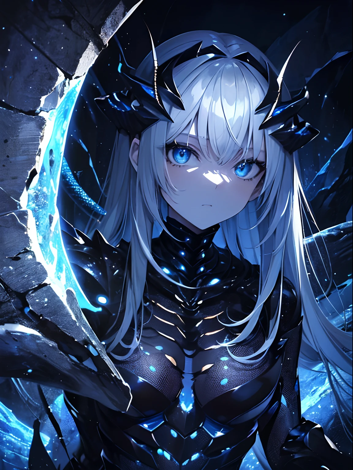 (Masterpiece, Best quality, ultra high resolution),1girl,(insect skin),(centipede girl,insectoid),beautiful and detailed face, detailed eyes,insect arms,in the cave,night,((grey and blue theme)), looking at viewer