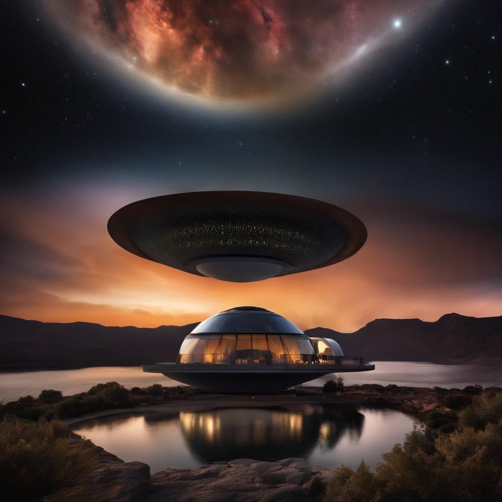 Nave espacial en el cielo,in a panoramic view,(Plethora of colors,La mejor calidad,Alto detalle,masterpiece,Cinmatic Lighting,4k,claroscuro)