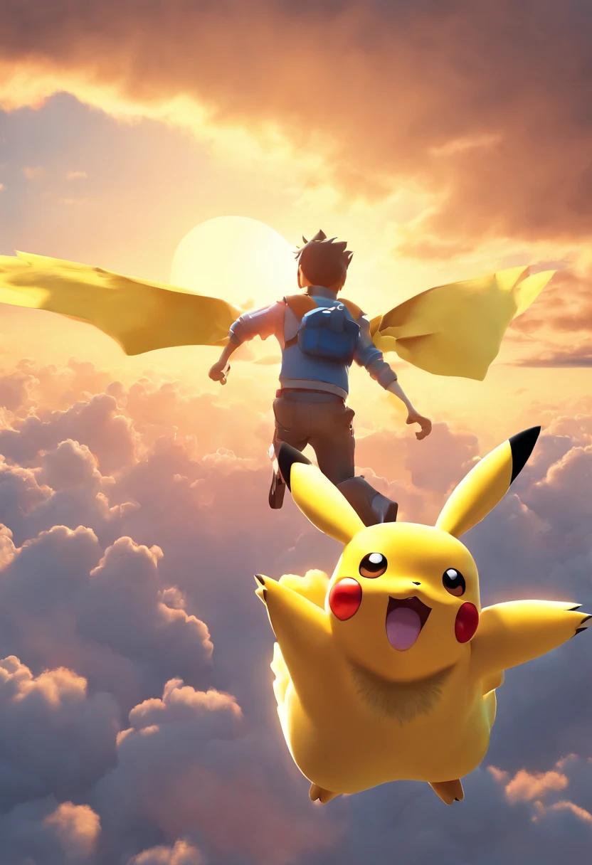 Homem jovem, flying with Pikachu in the sky