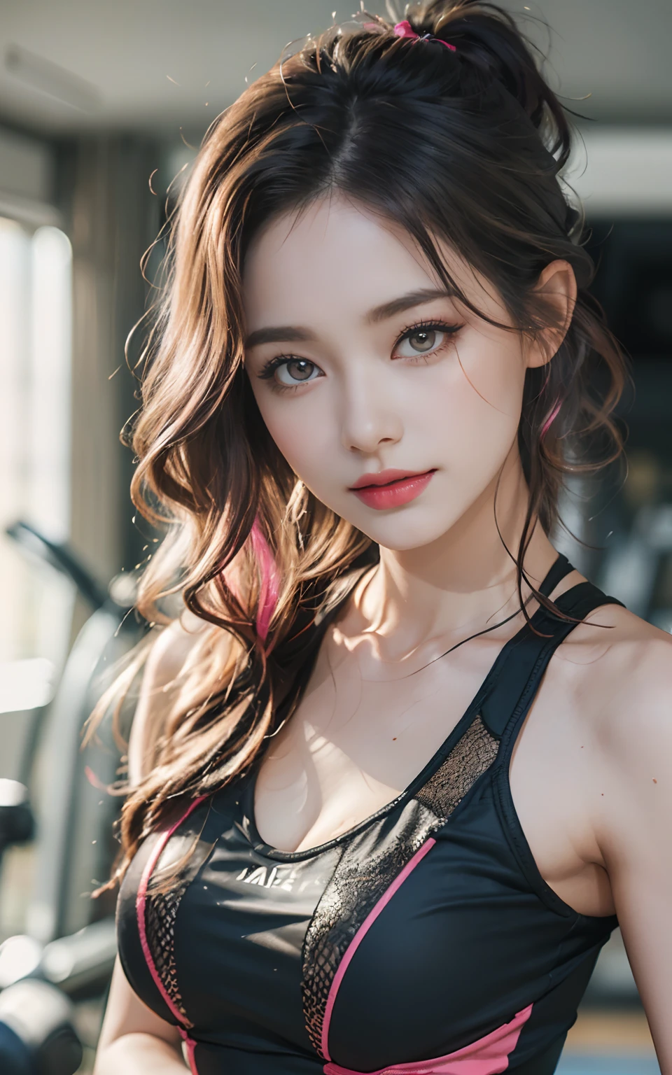 ((huge-breasted)), ((,)), ((Very small head)), Daylight, Sunlight, Bright light, (Perfect body : 1.1), (fullllbody), (short wavy hair:1.2, dark brown hair, Pink and blue mesh hair, Thin mesh), Full body shot, ((Tight workout wear), (Sweat), (Very detailed CG 8k wallpaper), (extremely delicate and beautiful), (masutepiece), (Best Quality:1.0), (超A high resolution:1.0), (realisitic), beautiful lightning ,Perfect Lightning, Realistic Shadows, [hight resolution], Detailed skin, Ultra-detailed, Slim body), (Beautiful hair, Wavy Hair, Real Hair, detailed hairs, High Ponytail), Fine Collarbone, Beautiful breasts, blush, Photorealistic, Realistic face, Beautiful face, Cute face, Realistic eyes, Small eyes, Cute smile, (((Colorful))), (eye liner), (mascara), (eye shadow), (At the gym), Looking back, bighip, (child-faced)