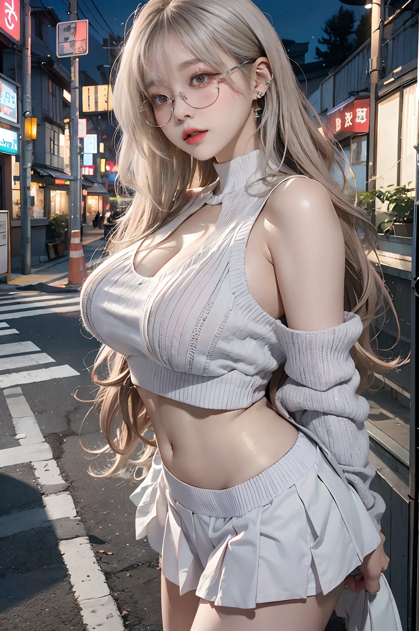 Top image quality、Raw photography、超A high resolution、18-year-old Korean、Glasses beauty、Colossal tits:1.5、cleavage of the breast:1.6、Healthy complexion、shiny white skin、((Light brown silver hair))、Beautiful eyes with random colors、very thin lips、beautiful eyes finely detailed、elongated eyes、pale pink blush、long eyeslashes、Beautiful double eyelids、eyeshadows、耳Nipple Ring、(Fashionable glasses)