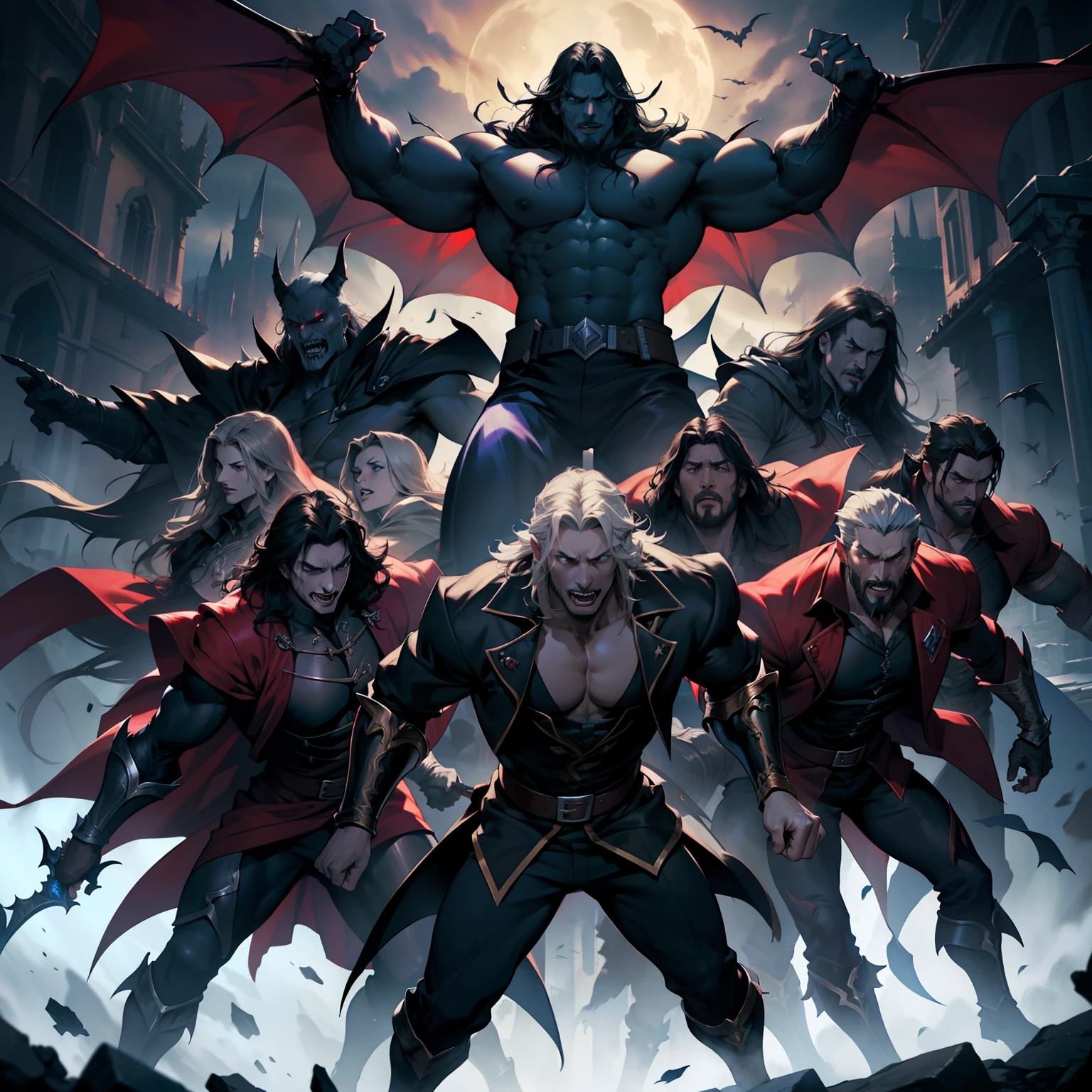 Castlevania Shadow Lord hyper realistic super detailed hyper realistic super detailed Dynamic shot of Lord Dracula leading troops armed with demons to fight sharp details hyper realistic hyper realistic super detailed faces correct poses Anatomy hyper realistic super detailed faces