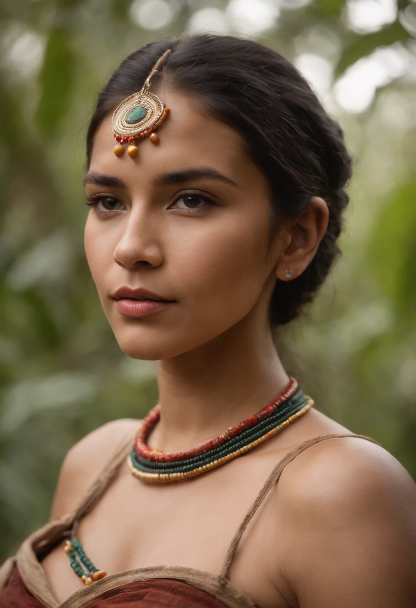 South American indigenous princess in Amazon jungle, morena, nariz un poco grande, tapa rabo, cabello cubre el escote muy grande, ABS definido, Aboriginal accessories on your neck, Foto RAW, DSLR, Soft lighting, alta calidad, Film grain, Fujifilm XT, realista, Kinematic