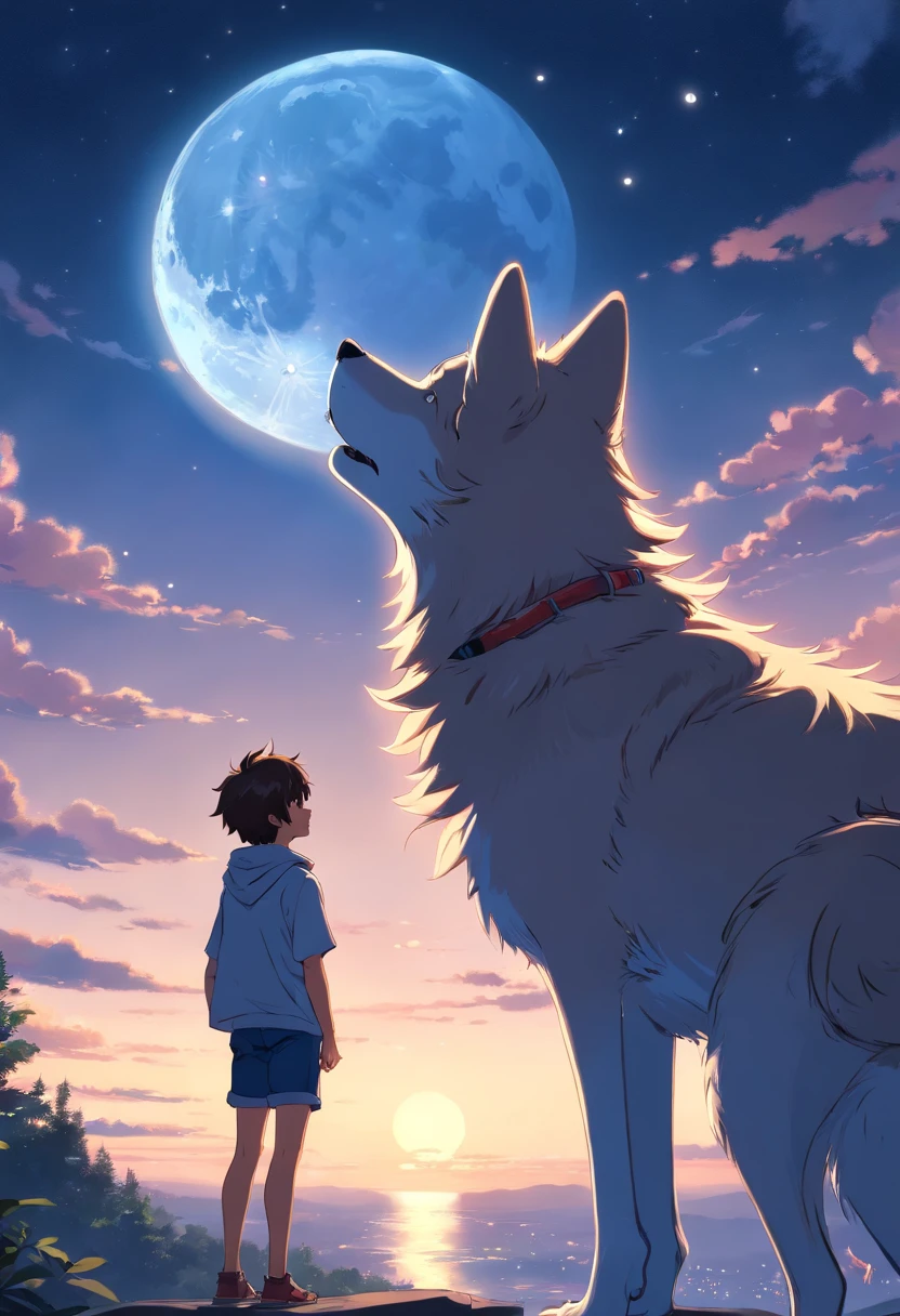 A half wolf his hair is white and his wolf ears are black his canines white as of a wolf looking at the moon