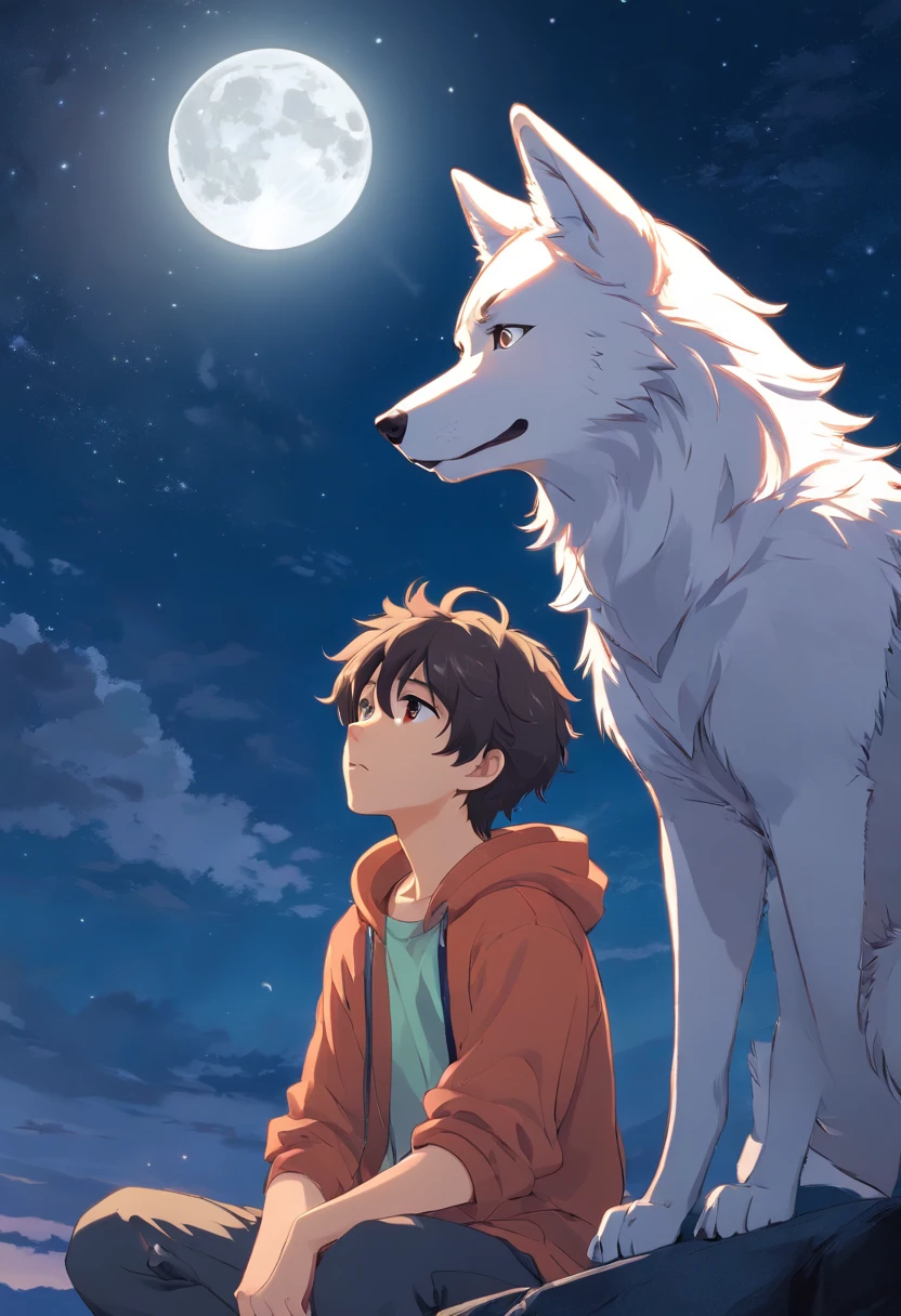 A boy and a wolf sitting on a rock under the moon - SeaArt AI